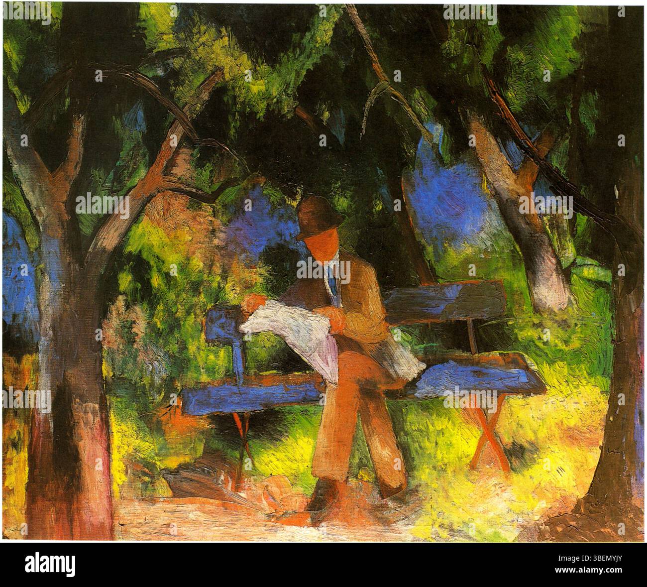 Dieses Gemälde von August Macke zeigt einen Mann, der in einem Park liest, umgeben von üppigem Grün. Die Verwendung von hellen Farben und die Vereinfachung der Formen ist typisch für Mackes expressionistischen Stil. Stockfoto