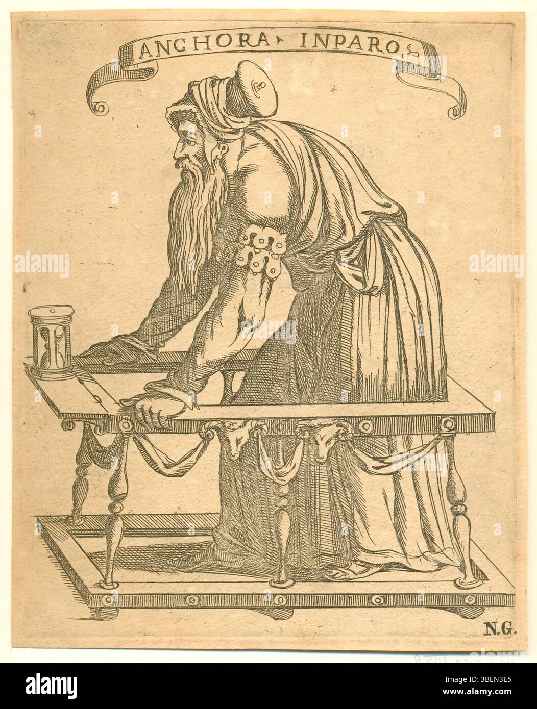 „Ancora inparo“ von Baccio Bandinelli, das zwischen dem 15. Und 16. Jahrhundert entstand, ist ein anonymes Werk, das die dynamische Figur eines Mannes erforscht, die typisch für die plastischen Studien der Renaissance ist. Stockfoto