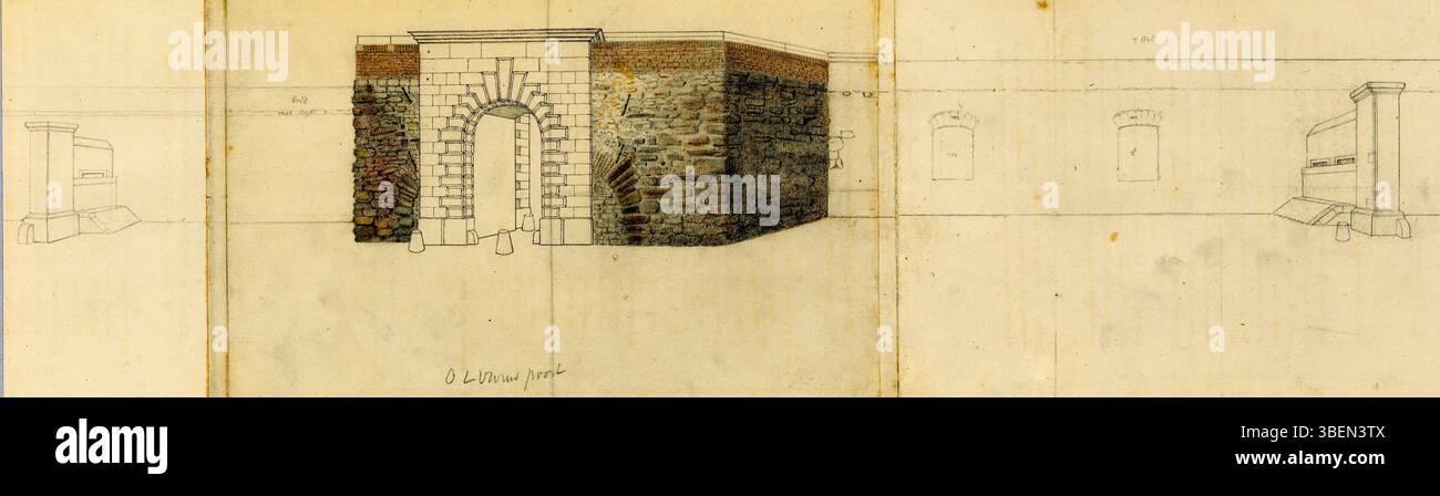 Diese Bleistiftzeichnung von J. Brabant zeigt das O.L.-Vrouwepoort (Tor unserer Lieben Frau) in Maastricht und zeigt die Feldseite des Tores mit einer angrenzenden Wand. Die teilweise farbige Zeichnung misst 182 x 590 mm und ist Teil der RHCL Maastricht Kollektion. Stockfoto