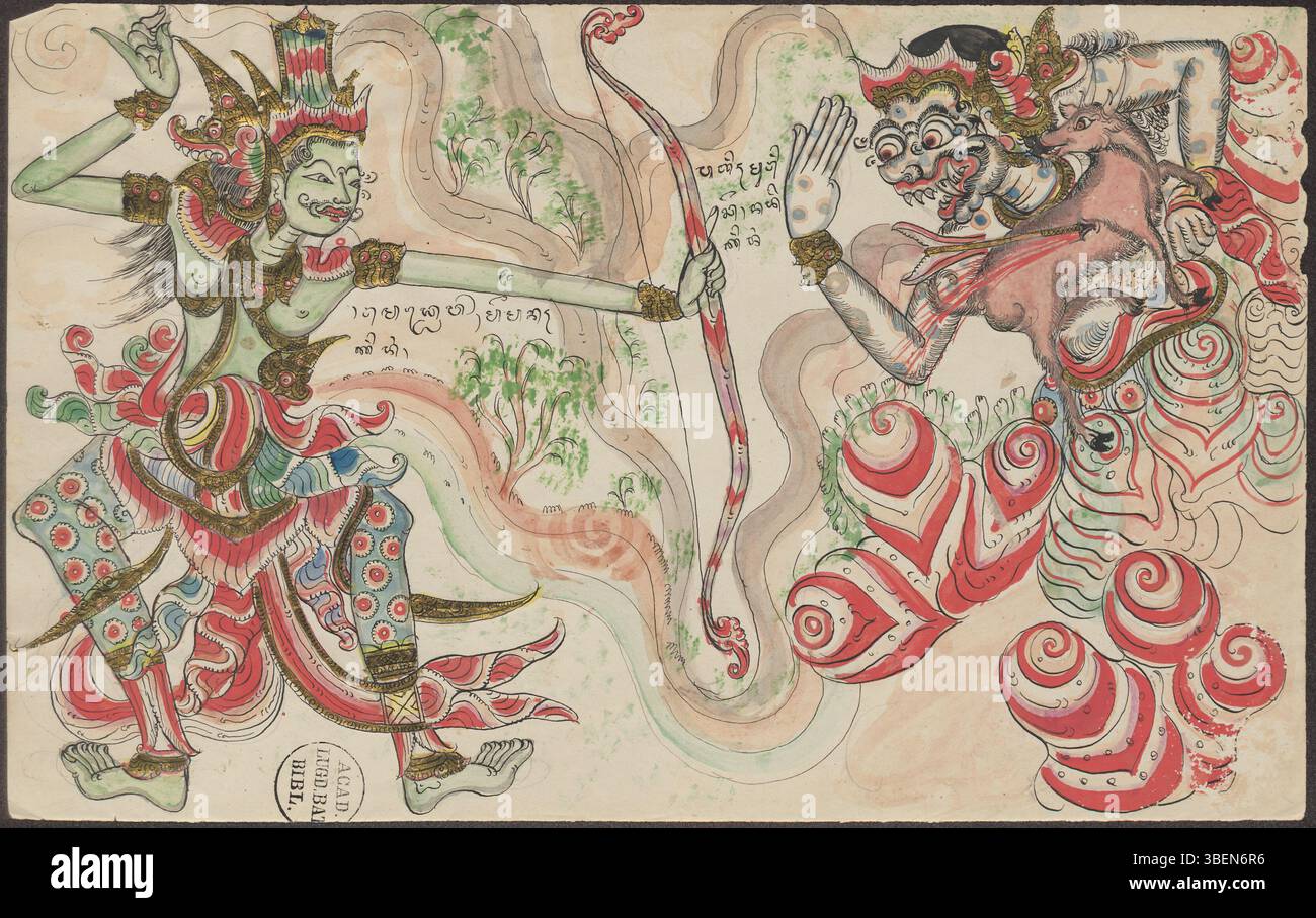 Diese Zeichnung von I Ketut Gedé zeigt Rama, wie er den goldenen Hirsch mit einem Pfeil schießt, der sich dann wieder in seine ursprüngliche Form als Patih Marica verwandelt. Das Stück ist ein reiches Beispiel balinesischer Erzählkunst und mythologischer Kunst. Stockfoto