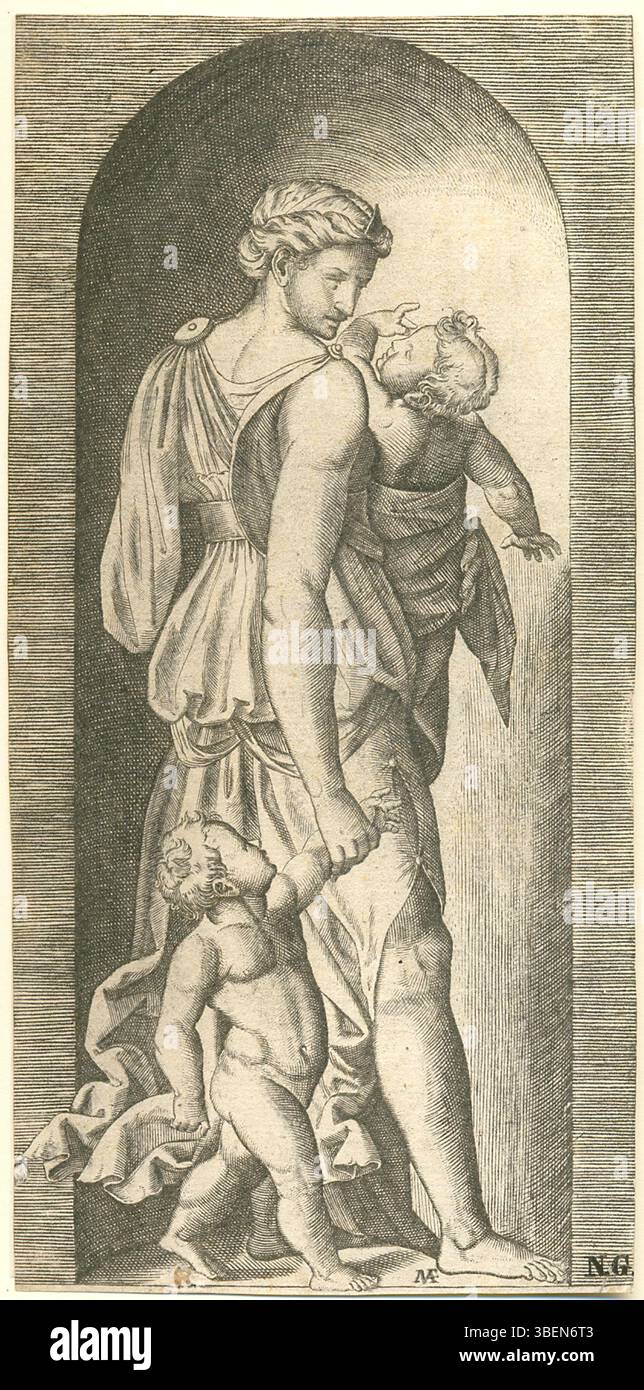 Marcantonio Raimondi (C1470/1482–C1527/1534) schuf diesen Gravur mit dem Titel *Charity*, Teil einer Serie über die sieben Tugenden. Das Werk repräsentiert die Tugend der Liebe, wie sie in der Renaissance-Kunst dargestellt wird, und betont moralische Themen und religiöse Werte. Stockfoto