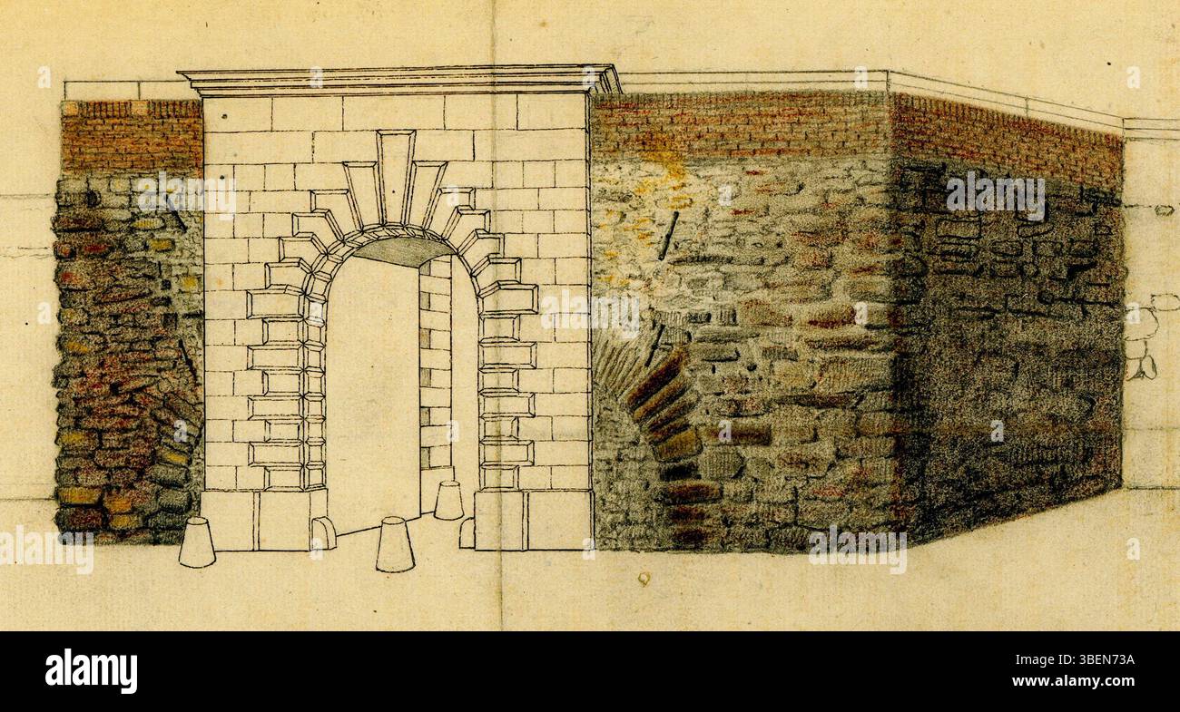 Eine Bleistiftzeichnung von J. Brabant, die die Feldseite des O.L.-Vrouwepoorts aus dem 13. Jahrhundert in Maastricht zeigt, mit einem überarbeiteten Mittelteil. Das Tor wurde 1868 abgerissen. Die teilweise farbige Zeichnung misst 182 x 590 mm und ist Teil der HCL Maastricht Kollektion. Stockfoto
