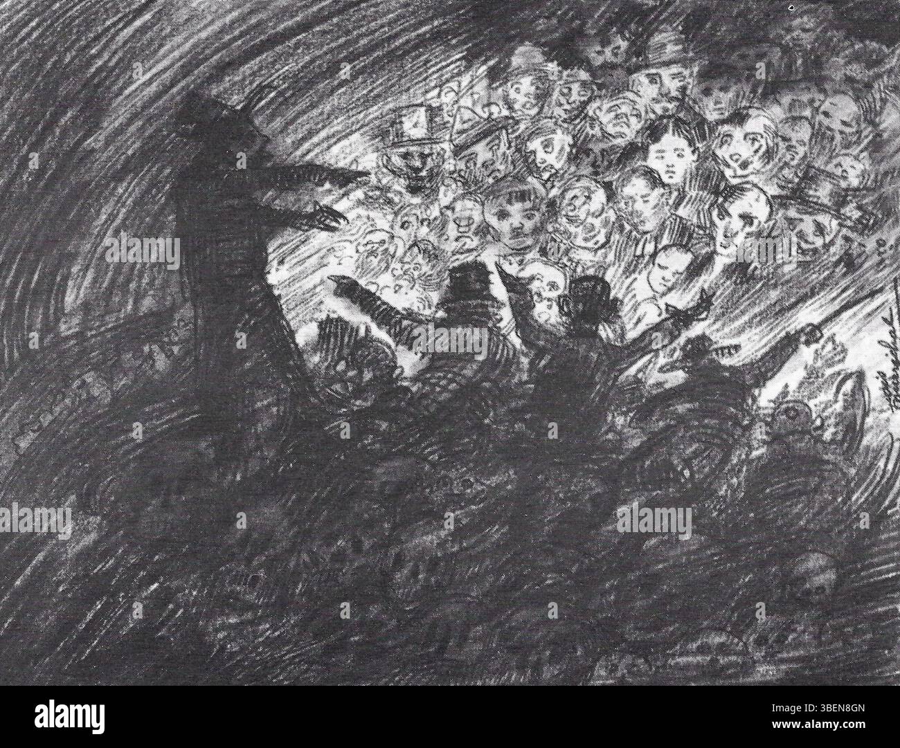 Francois Maréchals „Croquis de foule“ aus dem Jahr 1891 fängt eine Szene der Menschenmassen in zarten Details ein. Mit Federn, Tinte, Kohle und Pastellfarben spiegelt das Kunstwerk seine Fähigkeiten wider, menschliche Figuren in Bewegung und die Komplexität der Menschenmenschendynamik darzustellen. Das Stück misst 166 x 145 mm. Stockfoto