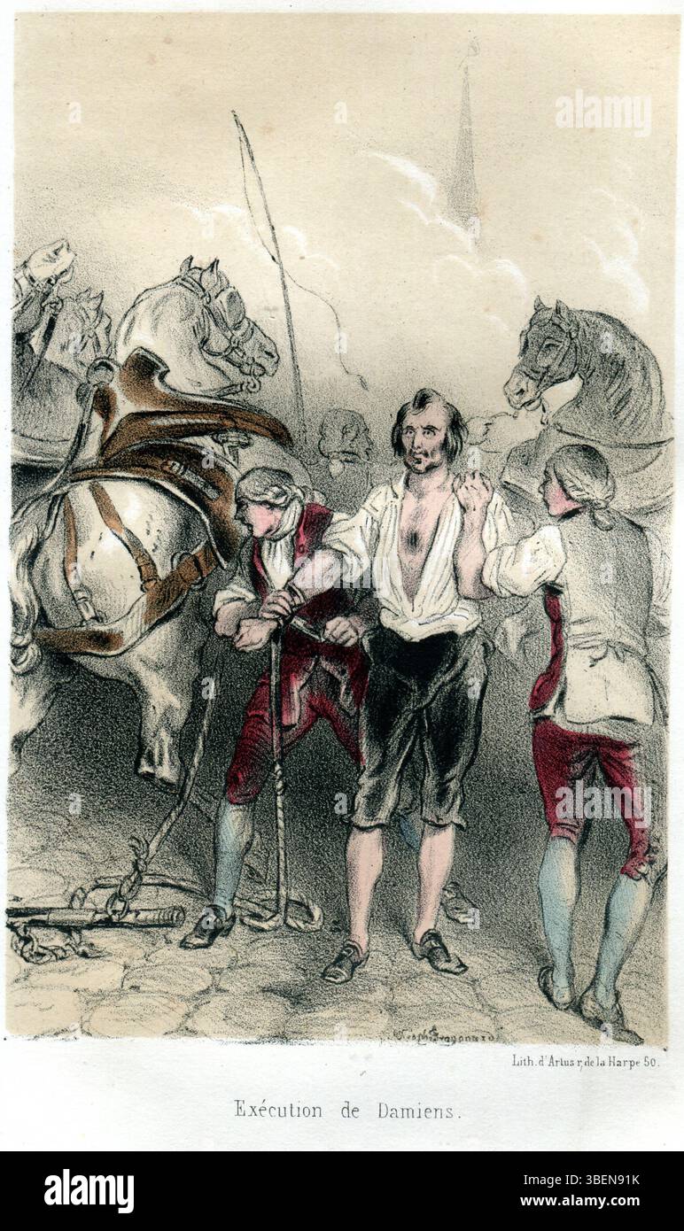 „Exécution de Damiens“ von Théophine Fragonard veranschaulicht die Hinrichtung von Robert-Francois Damiens, der versuchte, König Ludwig XV. Von Frankreich zu ermorden. Diese historische Szene ist in lebendigen Zeichnungen festgehalten, die Teil der Serie „Histoire des Jésuites II“ aus dem Jahr 1846 sind. Stockfoto