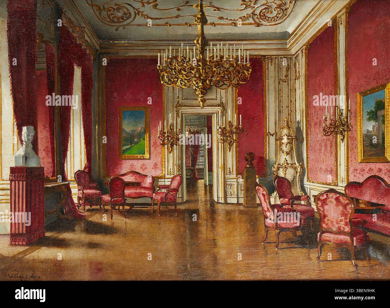 Dieses Ölgemälde von Ákos radich zeigt den Hörsaal der Kaiserin Elisabeth im Schloss Schönbrunn in Wien. Es wurde um die Wende des 20. Jahrhunderts geschaffen und von radikal signiert. Das Stück misst 68 x 96 cm. Stockfoto