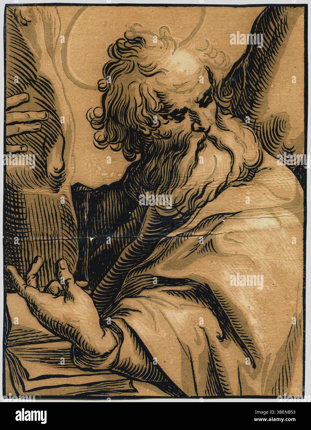 Hell-Dunkel-Holzschnitt von Ludolph Büsinck nach Georges Lallemand mit Darstellung des Heiligen Andreas unter den Aposteln Christi, gedruckt 1625 in Deutschland. Stockfoto