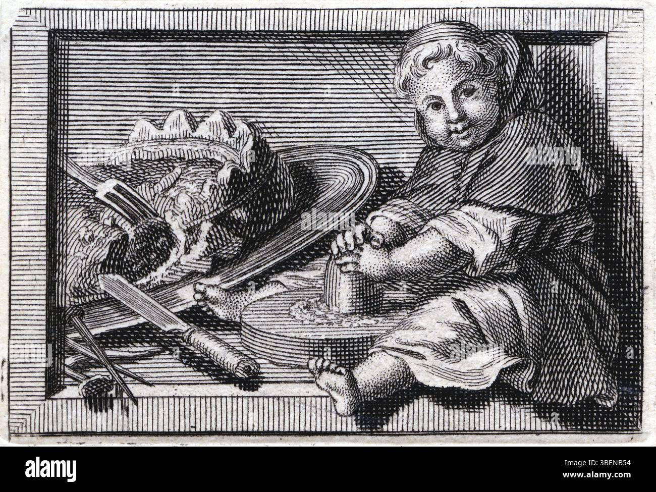 Een monnikje met een grote pastei (Ein kleiner Mönch mit einem großen Kuchen) ist ein Stich von Bernard Picart (1673–1733). Dieses Kunstwerk aus dem frühen 18. Jahrhundert zeigt einen Mönch, der einen großen Kuchen hält und einen humorvollen und alltäglichen Moment festhält. Stockfoto