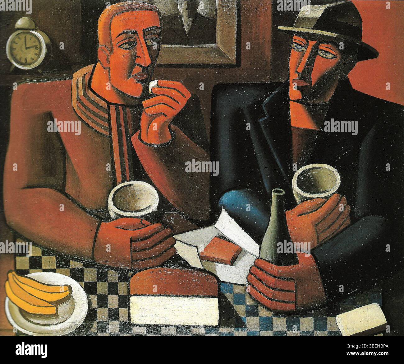 Les mangeurs (die Esser) ist ein Ölgemälde von Jean Leroy aus dem Jahr 1939, das 114 x 140 cm groß ist. Das Werk zeigt Individuen in einem Moment des Essens, wobei die menschliche Form und die soziale Dynamik gemeinsamer Erfahrungen betont werden. Stockfoto