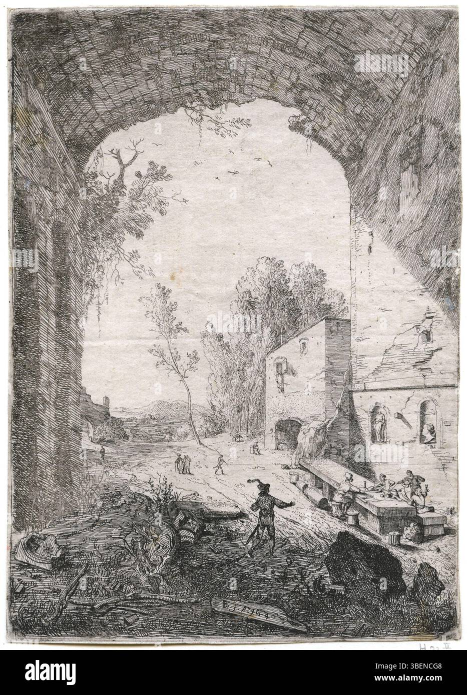 „De herberg bij de grot van Egeria“ (das Gasthaus bei der Höhle von Egeria) von Bartholomäus Breenbergh (1598–1657) stellt eine historische Szene in einer Landschaft mit architektonischen Merkmalen dar. Das Gemälde spiegelt barocke Prinzipien wider, mit detaillierten Darstellungen von Figuren und Vertonungen. Das Thema konzentriert sich auf die klassische Mythologie, insbesondere die Höhle von Egeria, die in der römischen Legende bekannt ist. Stockfoto