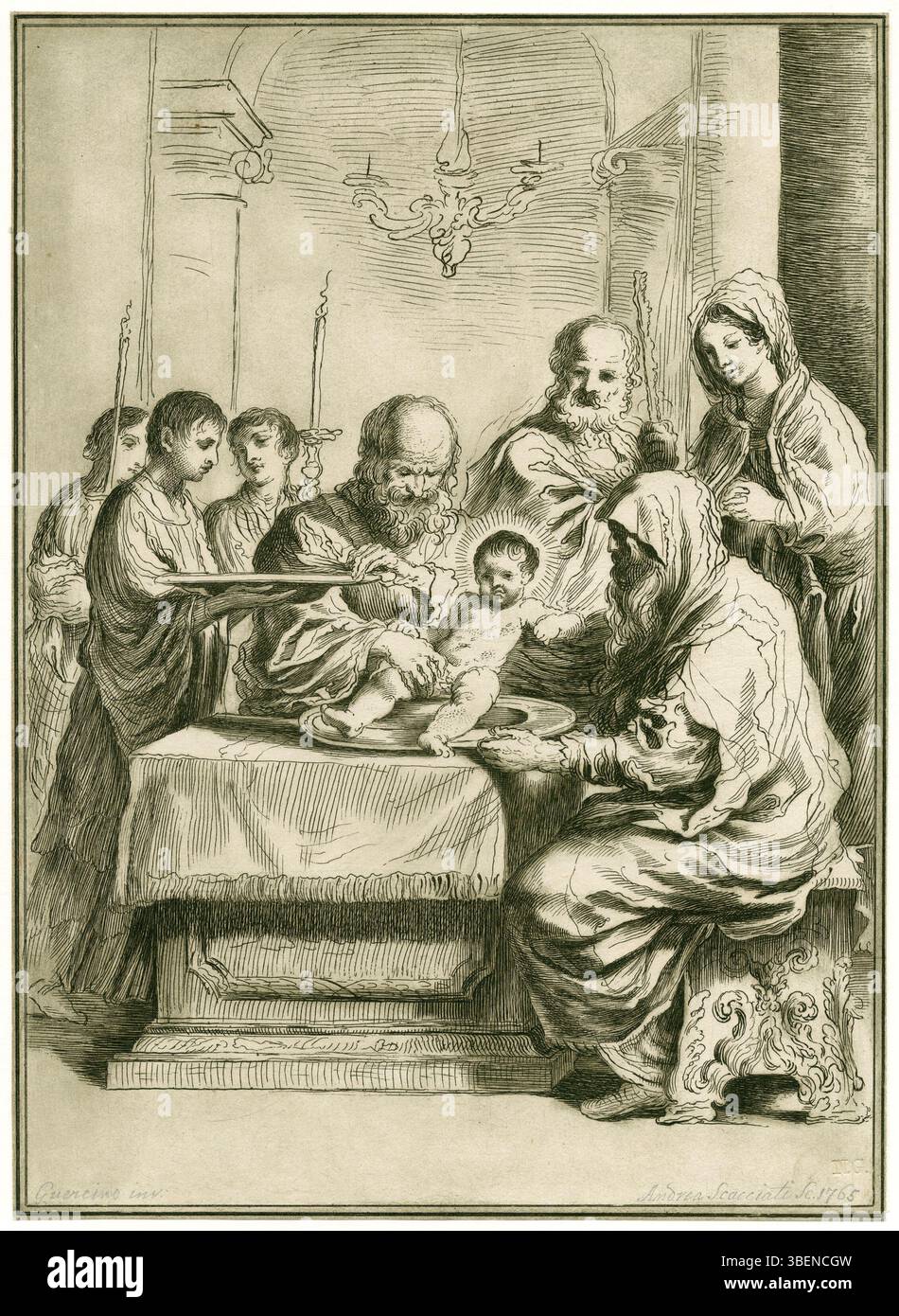 Andrea Scacciatis Werk „Beschneidung nach Guercino“ aus dem Jahr 1765 ist eine Reproduktion eines religiösen Themas aus dem 17. Jahrhundert, inspiriert vom Stil des Barockmalers Guercino. Stockfoto