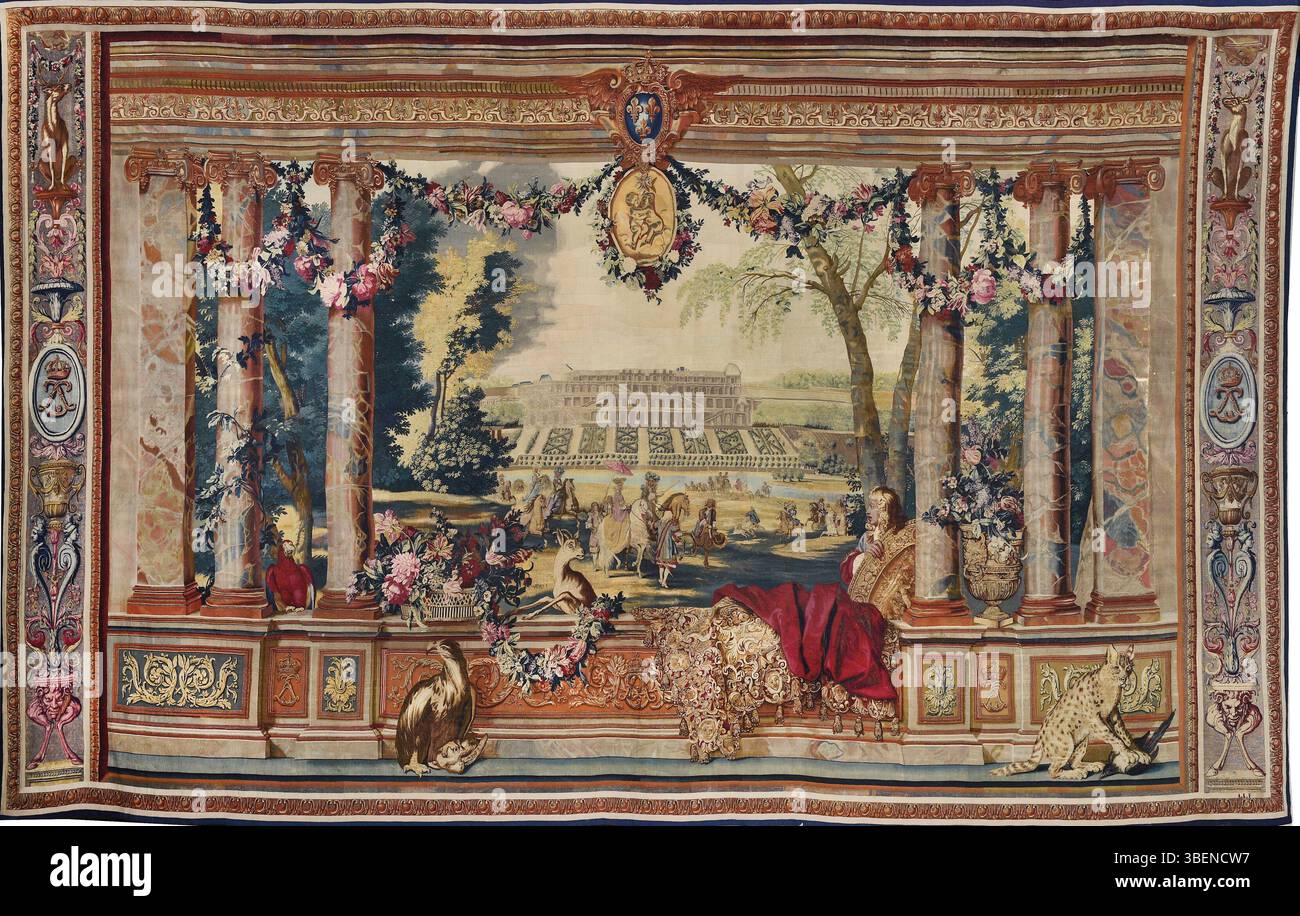Das fünfte Stück der Serie *Tenture des Mois*, entworfen von Charles Le Brun, zeigt den Monat Mai und das Château Neuf in Saint-Germain-en-Laye. Erstellt zwischen 1668 und 1683. Stockfoto