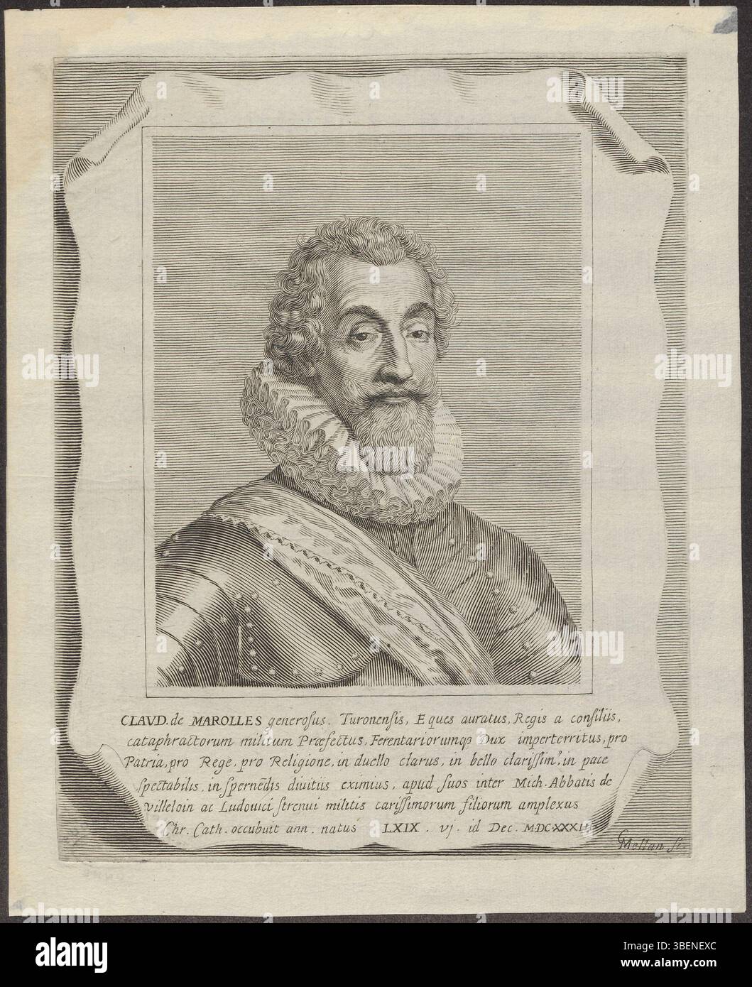 Dieses Porträt von Claude de Marolles, geschaffen von Claude Mellan (1598–1688), präsentiert eine detaillierte Darstellung des Themas und bietet Einblicke in den künstlerischen Stil der Epoche. Marolles, bekannt für seine kunstgeschichtlichen Beiträge, wird in einer klassischen Pose dargestellt, die typisch für Porträts aus dem 17. Jahrhundert ist. Das Kunstwerk befindet sich in der Bibliothek der Universität Leiden. Stockfoto