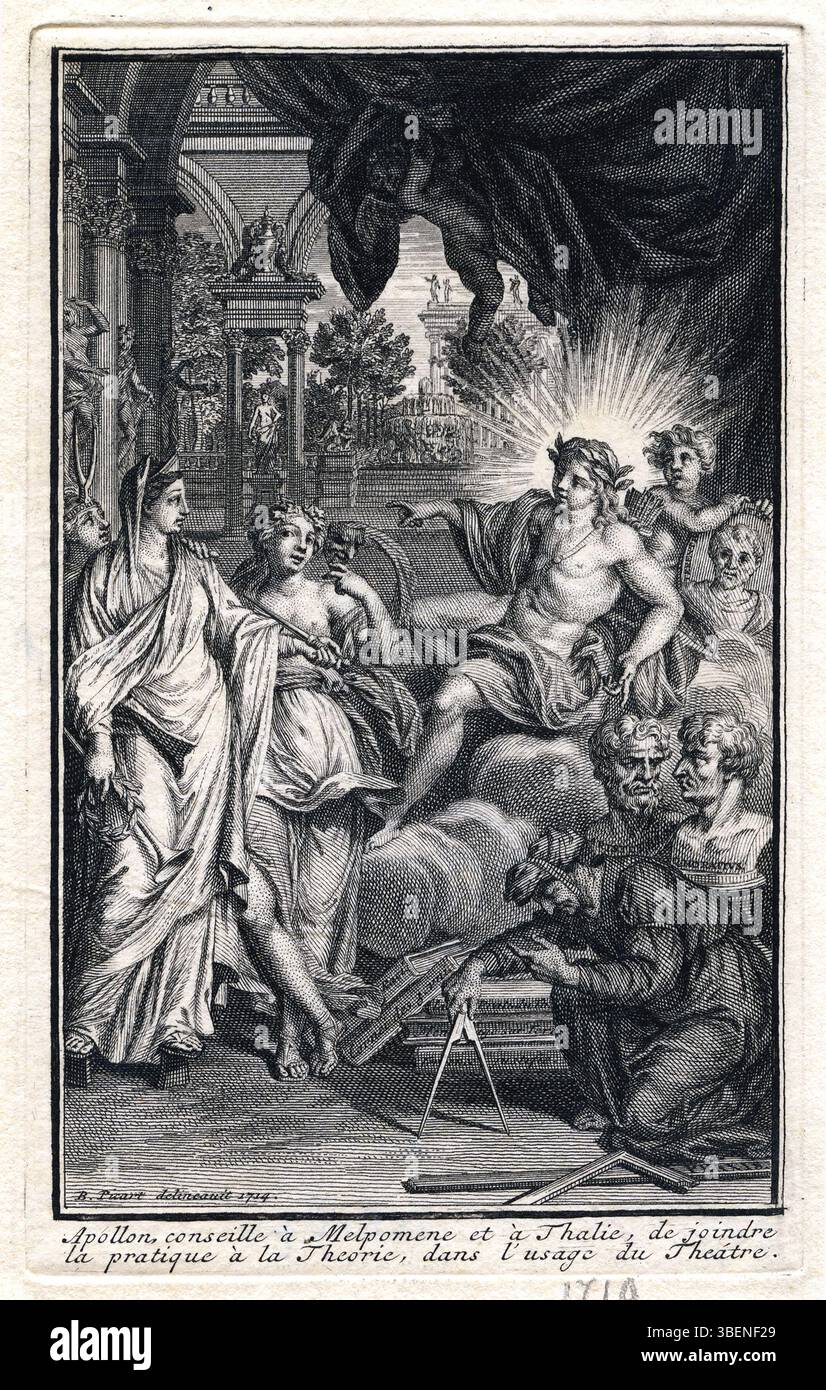 In diesem Stich von Bernard Picart rät der griechische Gott Apollo den Musen Melpomene und Thalia, Praxis und Theorie im Theater zu vereinen. Das Bild fängt Themen der klassischen Kunst und der Theatertradition im Europa des 18. Jahrhunderts ein. Stockfoto