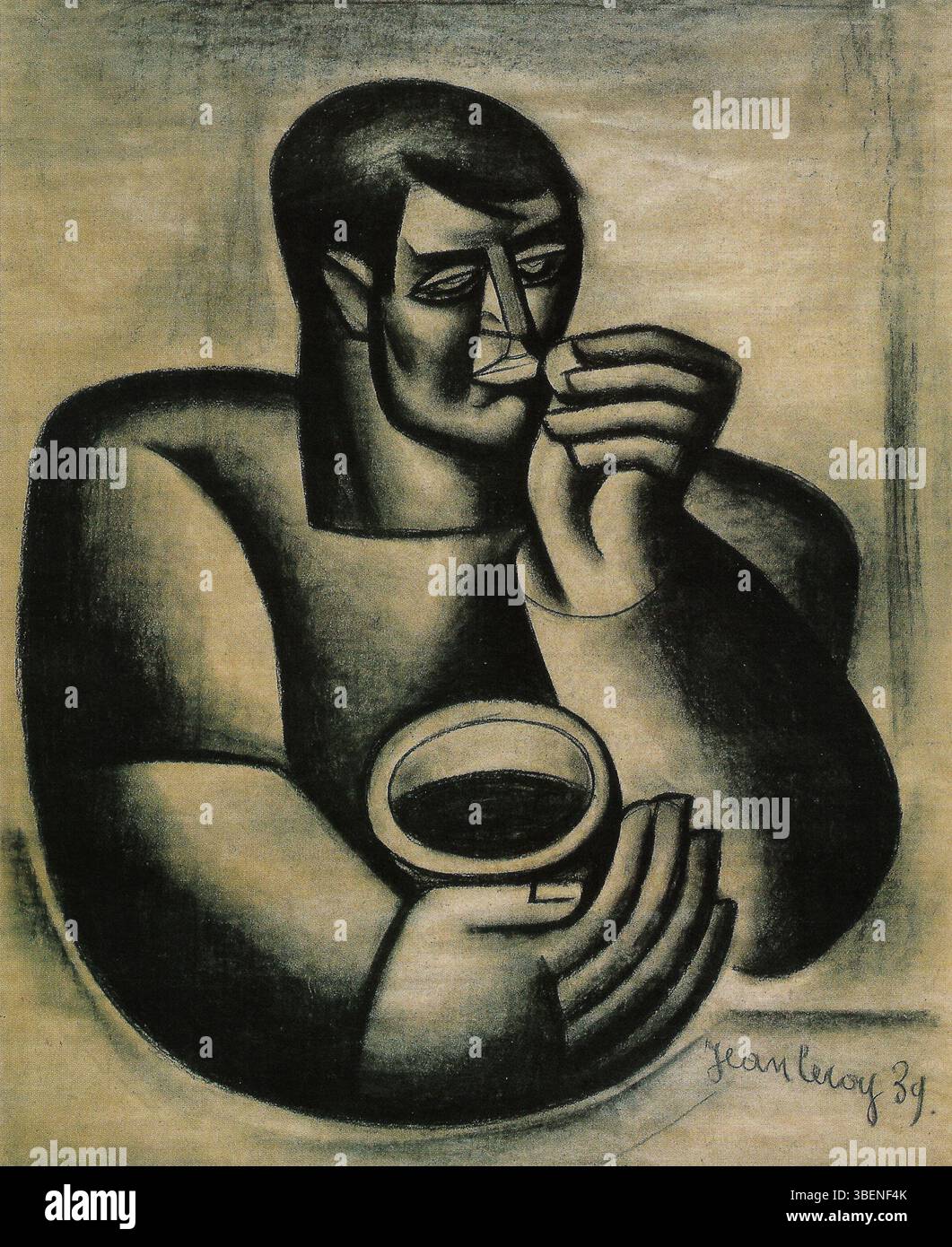 „Les Mangeurs“ (die Esser) ist eine Kohlestudie von Jean Leroy aus dem Jahr 1939, die 119 x 97 cm misst. Die Zeichnung zeigt Personen, die am Essen beteiligt sind, wobei Bewegung und menschliche Form realistisch und detailliert hervorgehoben werden. Stockfoto