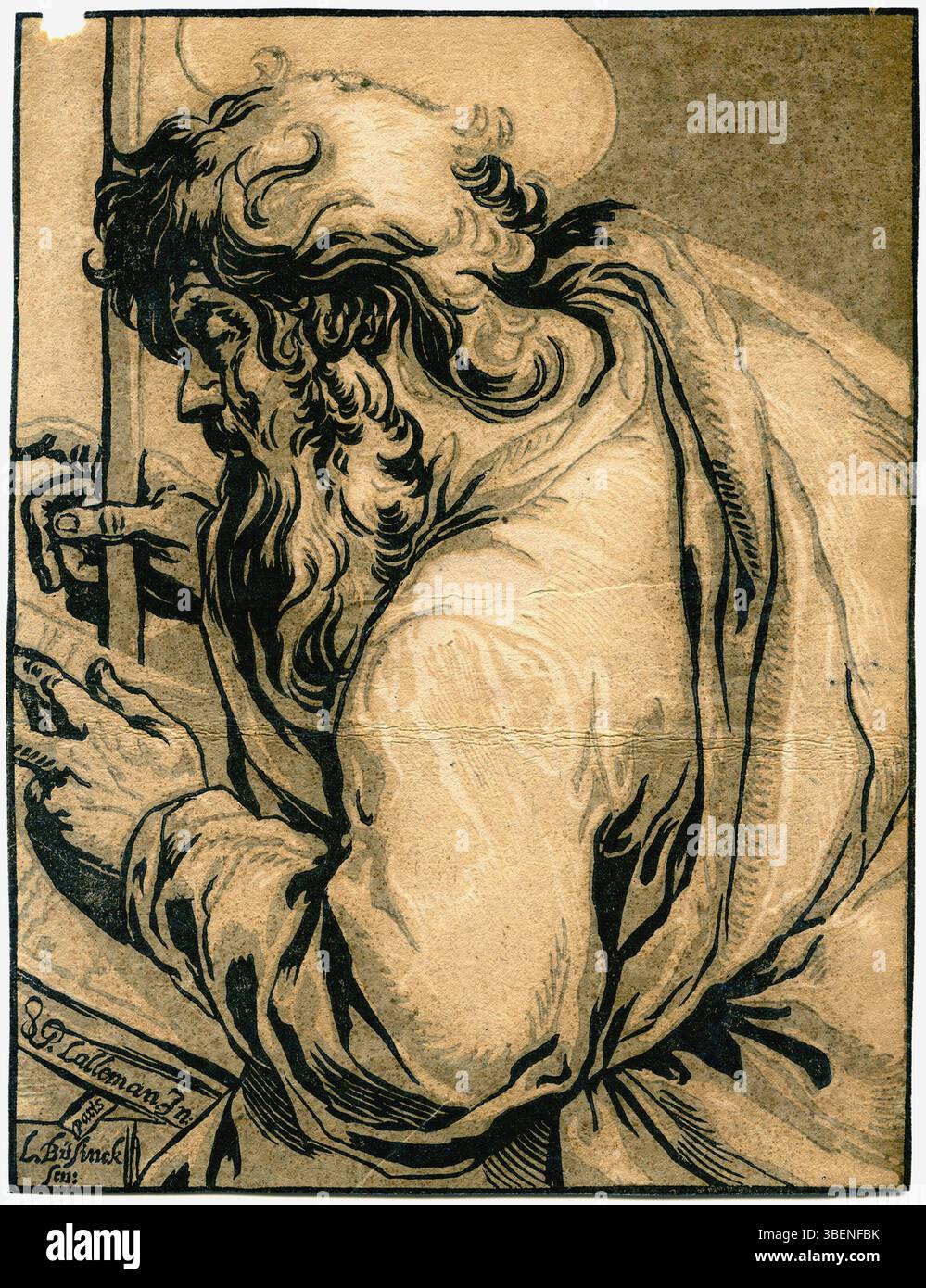 Ein Hell-Dunkel-Holzschnitt des heiligen Matthäus aus der Serie „Christus und die Apostel“ von Ludolph Büsinck. Der Druck verfügt über eine detaillierte Schattierung mit einer zweifarbigen Technik. Es wurde von Georges Lallemand und Büsinck signiert und 1625 veröffentlicht. Das Bild konzentriert sich auf den heiligen Matthäus als einen der Apostel und hebt die Hell-Dunkel-Methode hervor, die in der deutschen und niederländischen Druckerei des 16. Und 17. Jahrhunderts beliebt ist. Stockfoto