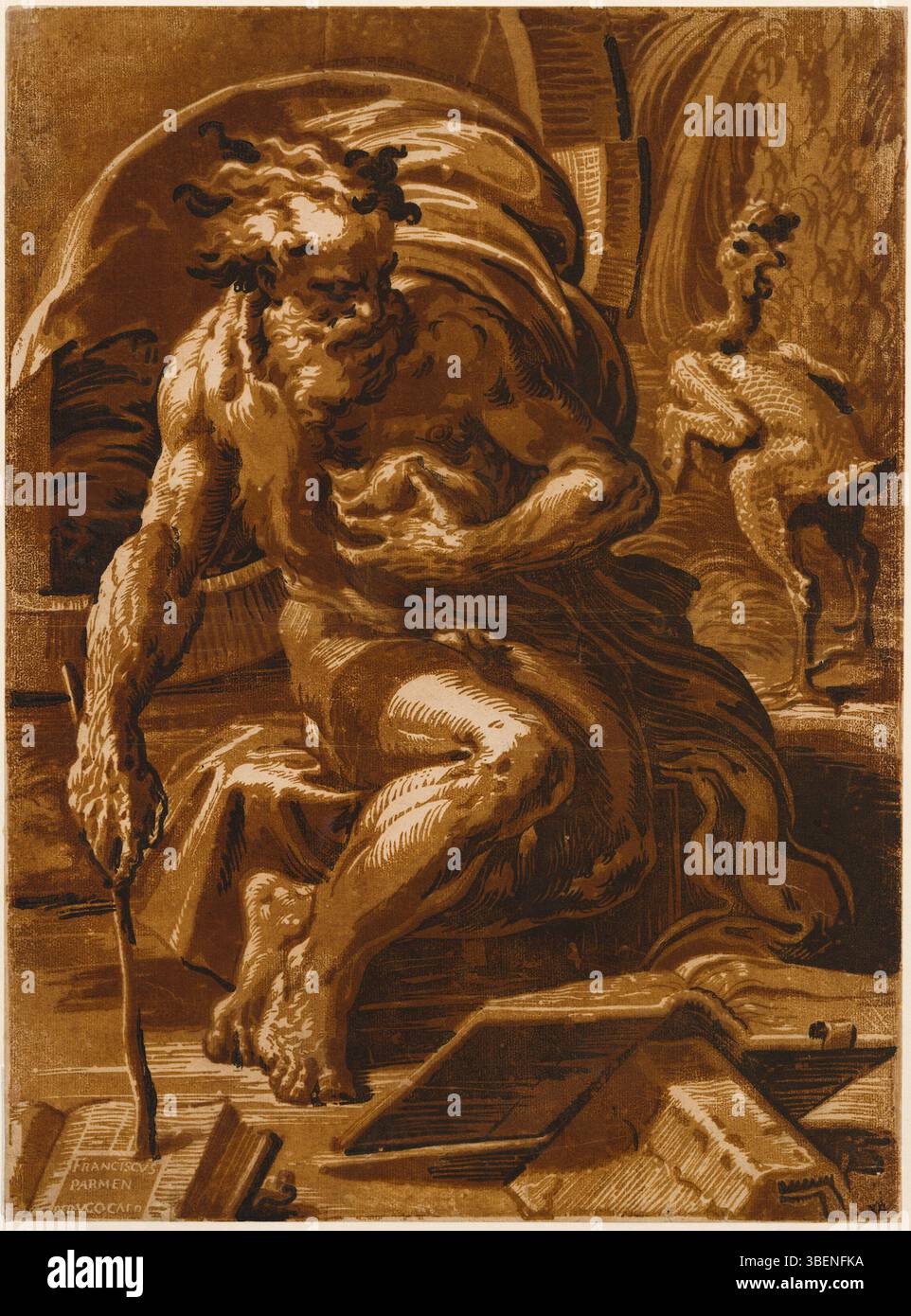 Dieser Stich von Antonio da Trento (ca. 1508–1550) zeigt Diogenes, den griechischen Philosophen. Das Kunstwerk wurde um das Ende des 16. Jahrhunderts geschaffen und veranschaulicht das charakteristische raue Aussehen und den Lebensstil des Philosophen, wobei seine Einfachheit und Ablehnung sozialer Konventionen betont wird. Stockfoto