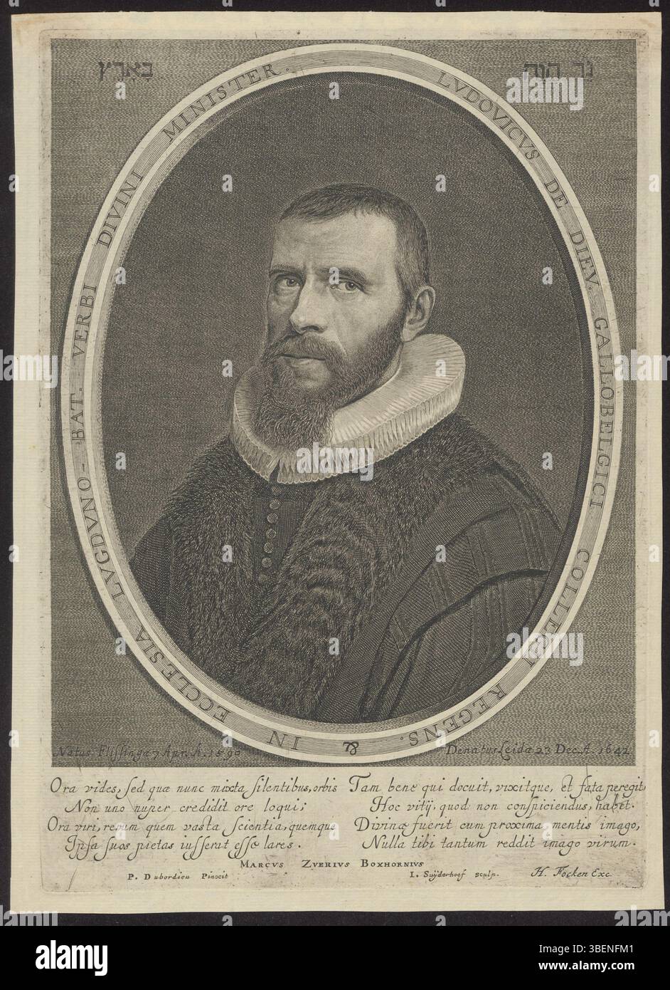 Dies ist ein weiteres Porträt von Ludovicus de Dieu von Jonas Suyderhoef, das ebenfalls auf einem Gemälde von P. Dubourdieu basiert. Es enthält lateinische Verse von Marcus Zuerius Boxhormius und ist fast identisch mit BWB 563, mit Ausnahme eines etwas helleren Drucks. Das Werk ist Teil der Sammlung BWB 562. Stockfoto Dies ist ein weiteres Porträt von Ludovicus de Dieu von Jonas Suyderhoef, das ebenfalls auf einem Gemälde von P. Dubourdieu basiert. Es enthält lateinische Verse von Marcus Zuerius Boxhormius und ist fast identisch mit BWB 563, mit Ausnahme eines etwas helleren Drucks. Das Werk ist Teil der Sammlung BWB 562. Stockfoto