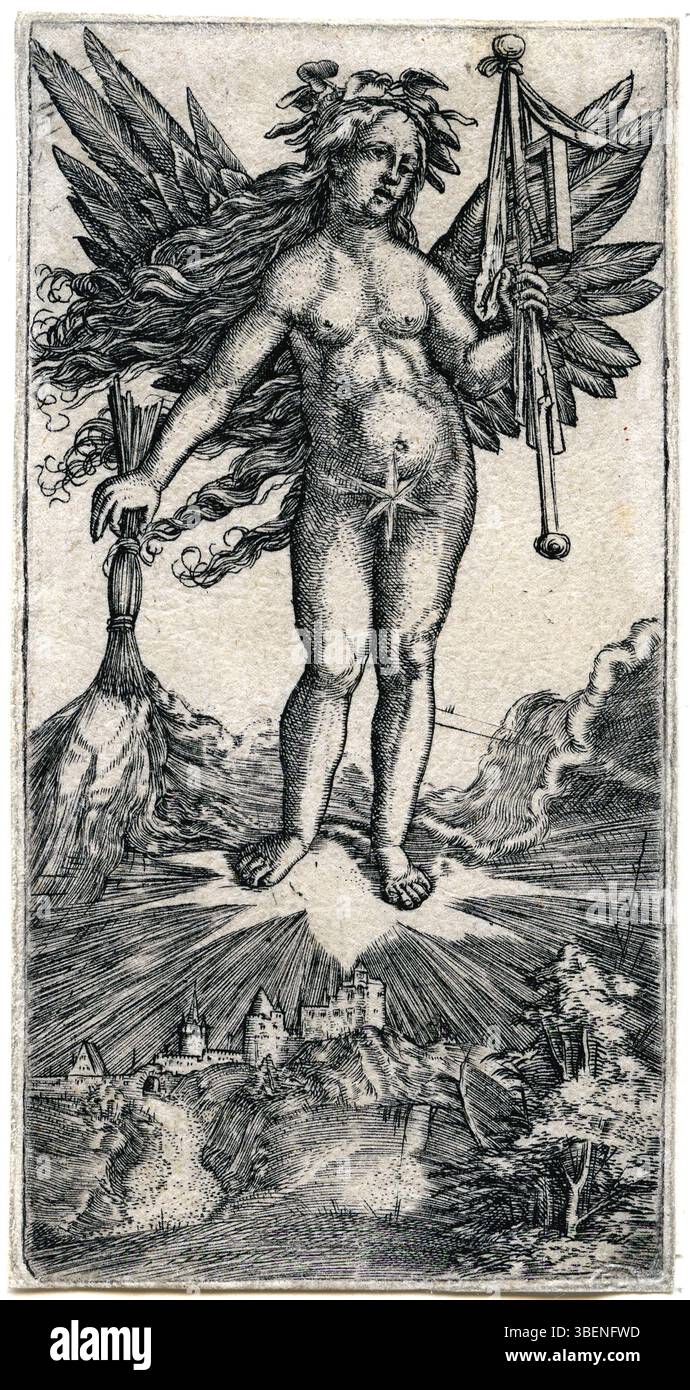 Das Bild zeigt eine allegorische geflügelte weibliche Figur, die der deutsche Künstler Albrecht Altdorfer vermutlich zwischen 1500 und 1538 schuf. Die Figur ist eine symbolische Darstellung, oft verbunden mit Themen des Sieges oder göttlicher Intervention, die in der Kunst der Nördlichen Renaissance zu finden sind. Stockfoto Das Bild zeigt eine allegorische geflügelte weibliche Figur, die der deutsche Künstler Albrecht Altdorfer vermutlich zwischen 1500 und 1538 schuf. Die Figur ist eine symbolische Darstellung, oft verbunden mit Themen des Sieges oder göttlicher Intervention, die in der Kunst der Nördlichen Renaissance zu finden sind. Stockfoto