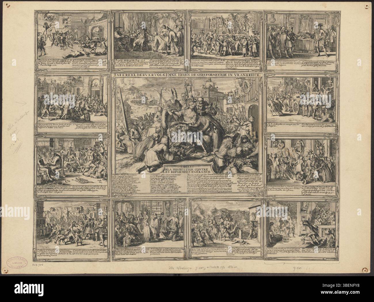 Dieser Geschichtsdruck veranschaulicht die Verfolgung von Protestanten in Frankreich und zeigt 13 Bilder, die die Ereignisse beschreiben. Ein zentrales Bild ist von 12 kleineren Bildern umgeben, die jeweils mit einer erläuternden Beschriftung versehen sind. Das Werk ist unter dem Shelfmark BWB 756 katalogisiert. Stockfoto