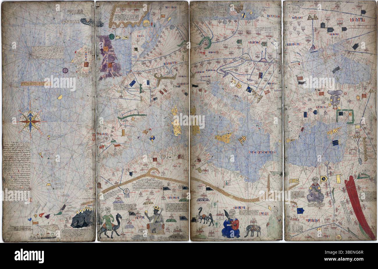 Der katalanische Atlas von 1375, der von Abraham Cresques erstellt wurde, ist eine der wichtigsten mittelalterlichen Karten, die Europa im späten 14. Jahrhundert mit reichen Details darstellen. Stockfoto