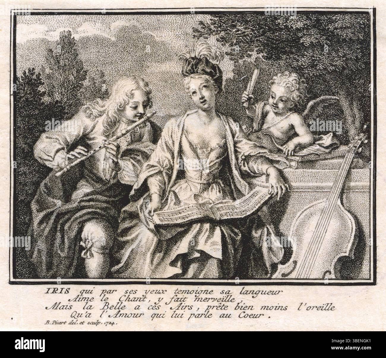 Dieser Druck von Bernard Picart aus dem Jahr 1724 zeigt einen Flötisten mit einem jungen Sänger und einen Amorino, eine verspielte Figur, die Liebe oder Zuneigung symbolisiert. Das Stück reflektiert den Rokoko-Stil mit seinem Fokus auf unbeschwerte Themen und die Interaktion zwischen Figuren in der Musik und mythologischen Symbolismus. Stockfoto