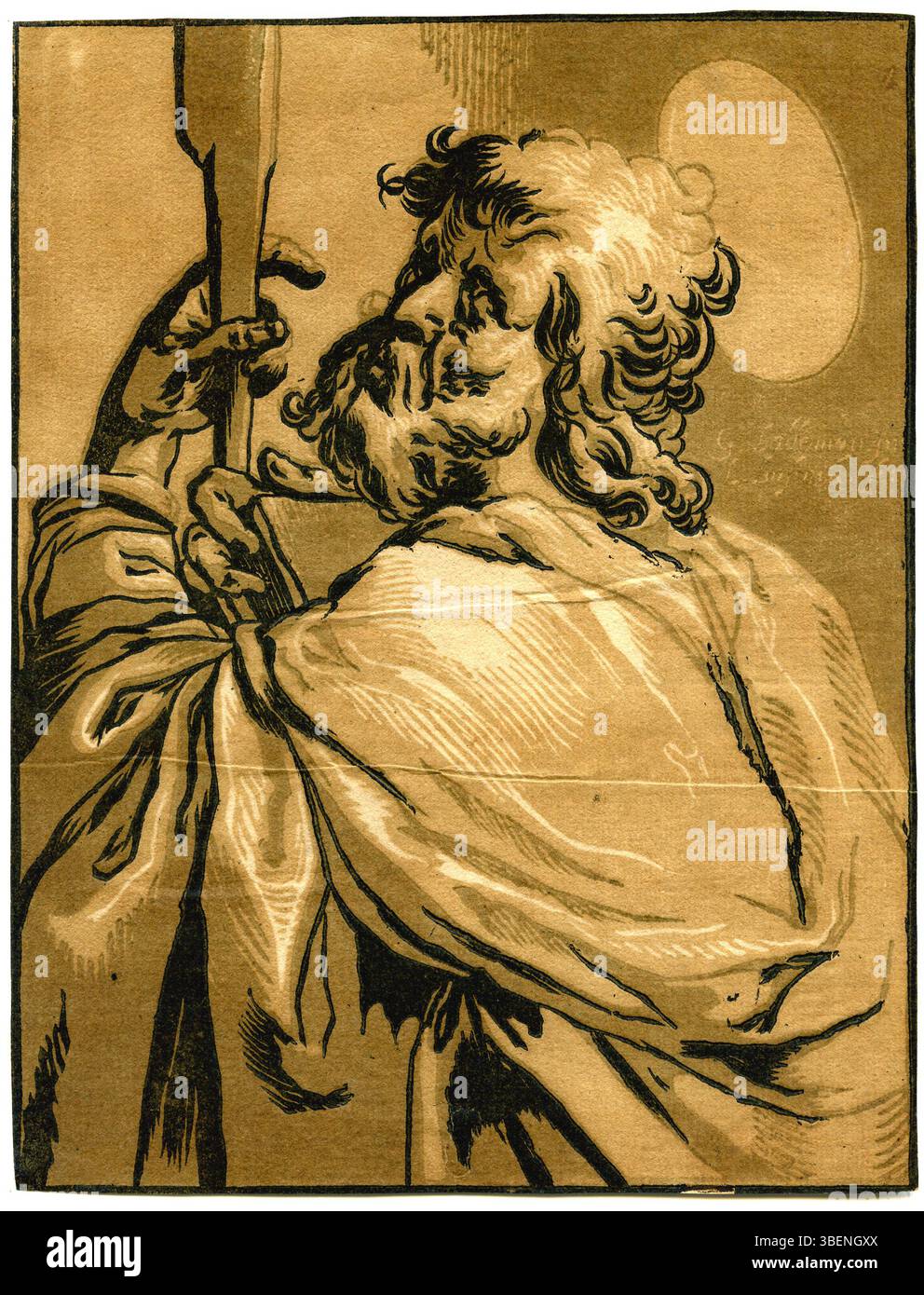 Dieser von Ludolph Büsinck und Georges Lallemand geschaffene Hell-Dunkel-Holzschnitt zeigt den Heiligen Jakobus der weniger aus der biblischen Serie „Christus und die Apostel“. Der um 1625 entstandene Druck verwendet Schwarz- und Brauntöne. Es ist von beiden Künstlern signiert und befindet sich in der Sammlung PK-P-121.888. Stockfoto