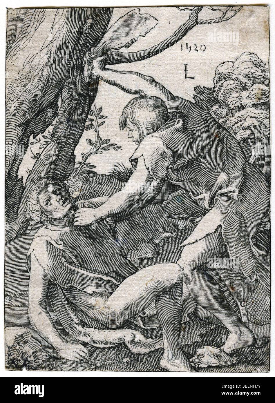 Dieses Kunstwerk zeigt die biblische Geschichte von Kain, der Abel tötete, von Lucas van Leyden (1494–1533). Der Stich ist ein anonymes niederländisches Werk aus dem 16. Jahrhundert. Die Szene zeigt den tragischen Moment, in dem Kain seinen Bruder Abel trifft, ein bedeutendes Ereignis in der christlichen Theologie. Das Stück ist in der Universitaire Bibliotheken Leiden erhalten. Stockfoto