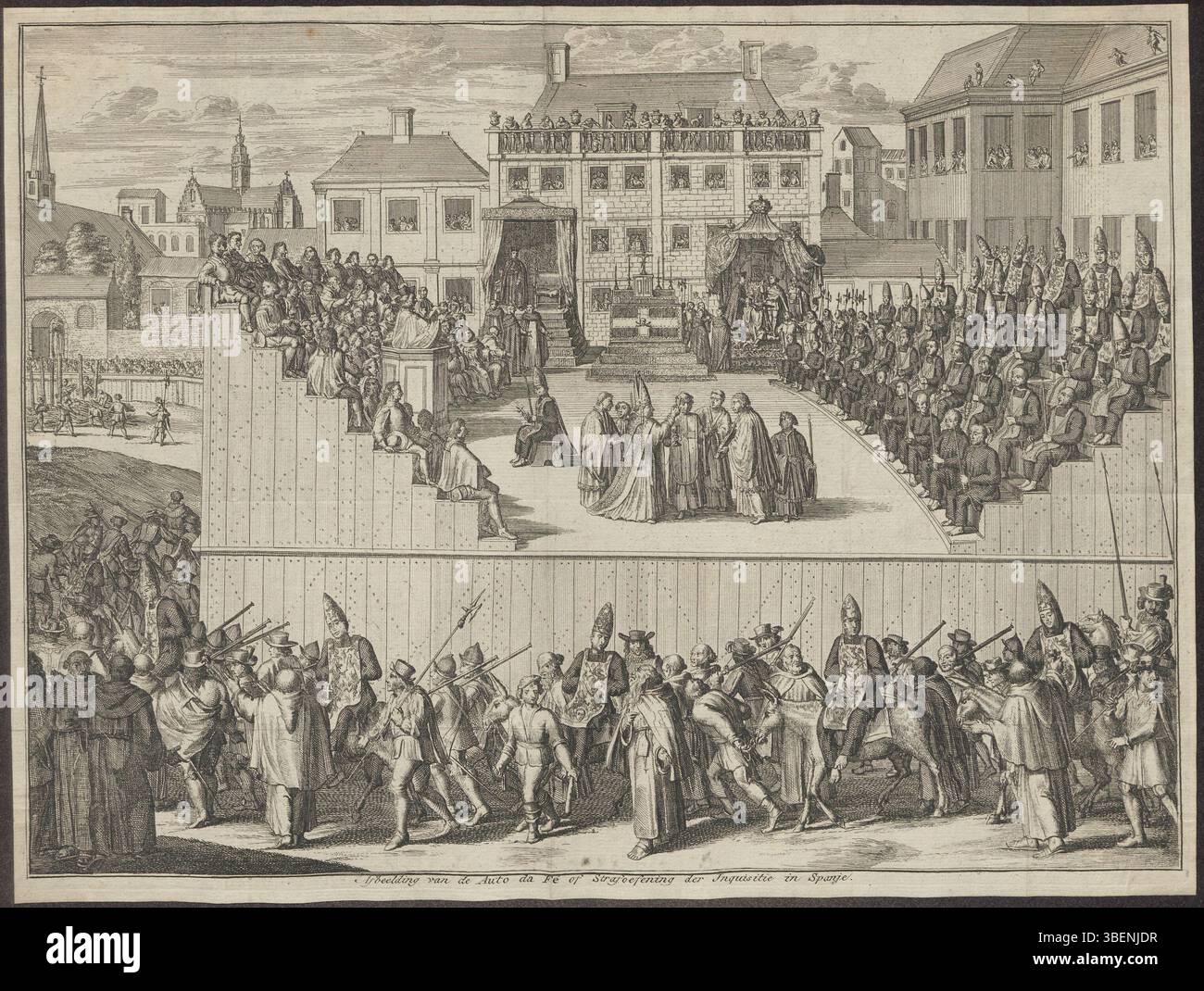 Dieser Druck zeigt die Bestrafung von Ketzern während der spanischen Inquisition. Der von einem unbekannten Künstler entstandene Druck ist als BWB 657 katalogisiert und bleibt Teil der Bibliothekssammlung der Universität Leiden. Es zeigt die gewalttätigen Aktionen während der Inquisition, obwohl keine spezifischen Details des Bildes angegeben werden. Stockfoto