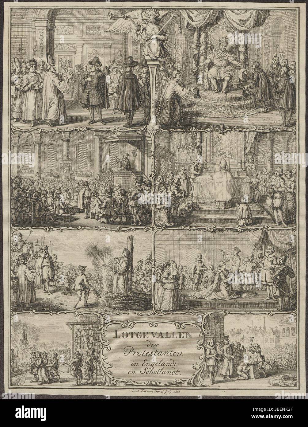 Diese Bildserie von Jacob Folkema zeigt die Verfolgung von Protestanten in England und Schottland und zeigt Märtyrer, Hinrichtungen und öffentliche Strafen. Die Bilder veranschaulichen die brutalen Folgen religiöser Konflikte im 17. Jahrhundert. Stockfoto