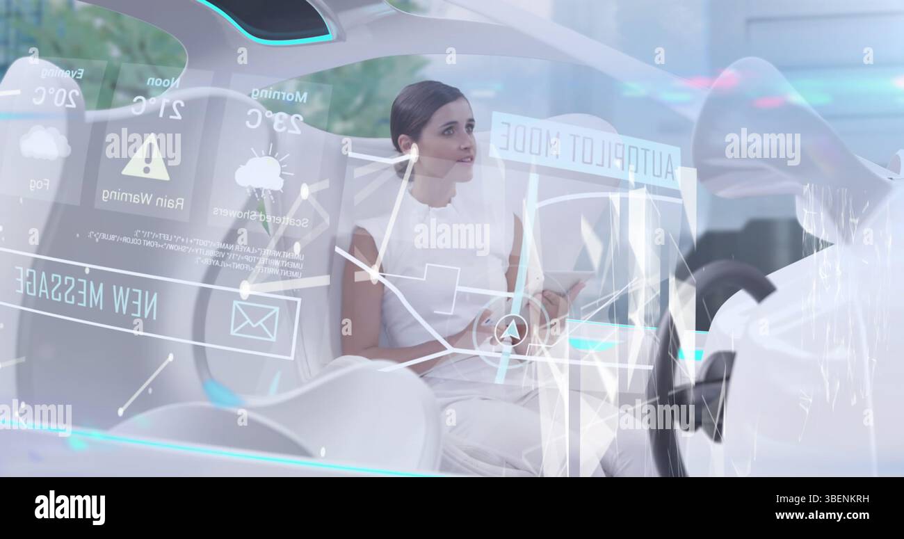 Zusammensetzung des Netzwerks digitaler Icons über Geschäftsleute, die im Büro klatschen Stockfoto