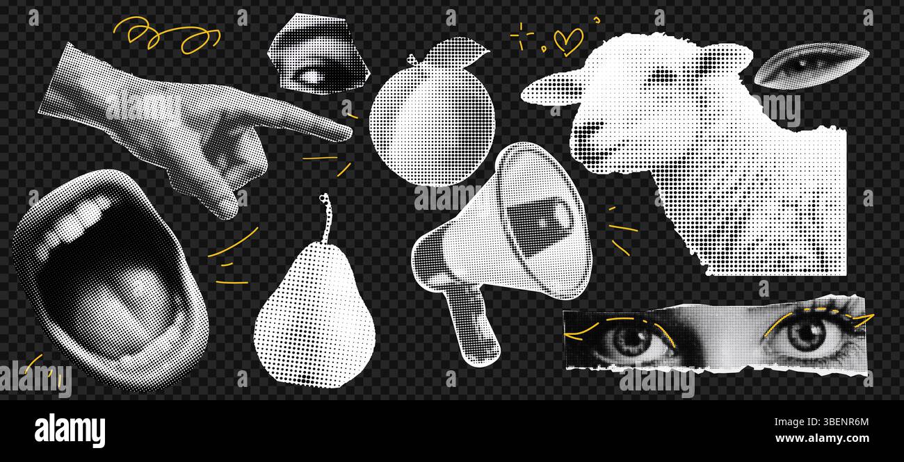 Kreative Collage aus Halbtonobjekten und Ikonen für trendige Pop-Art-Designs Stock Vektor