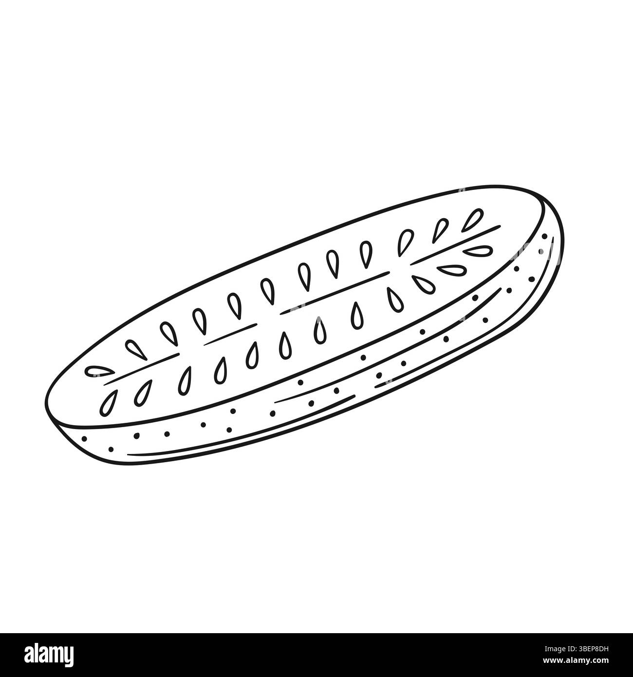 Niedliche Gemüseillustration in Handzeichnung. Schwarzweiß. Gurkensymbol auf weißem Hintergrund. Design zum Ausmalen von Büchern, Lernspielen für Kinder Stock Vektor