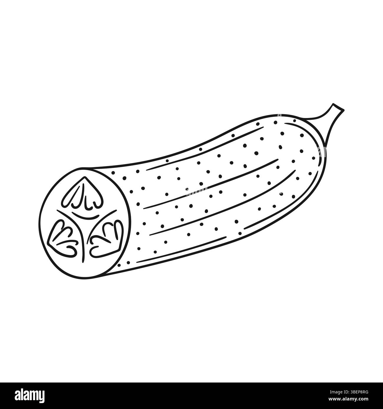 Niedliche Gemüseillustration in Handzeichnung. Schwarzweiß. Gurkensymbol auf weißem Hintergrund. Design zum Ausmalen von Büchern Stock Vektor