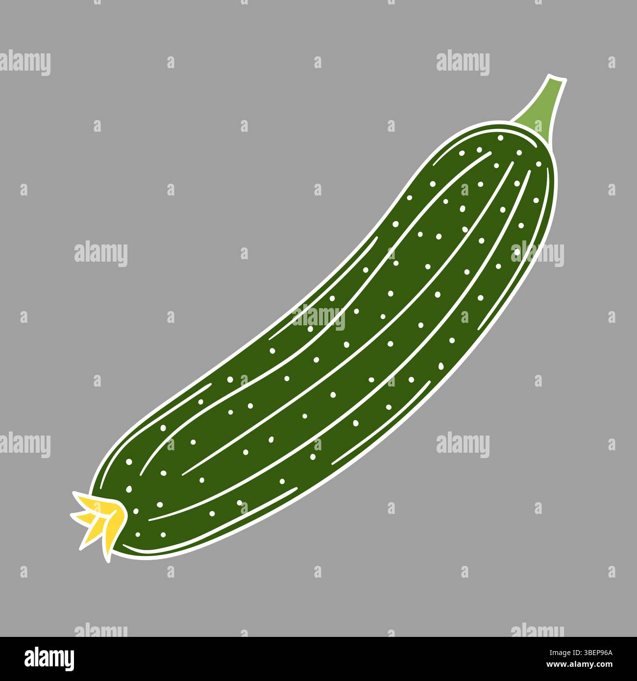 Niedliche Gemüseillustration in Handzeichnung. Weiße Umrandung. Gurke auf grauem Hintergrund. Design für Postkarten, Flyer, Banner. Symbol, Zeichen Stock Vektor