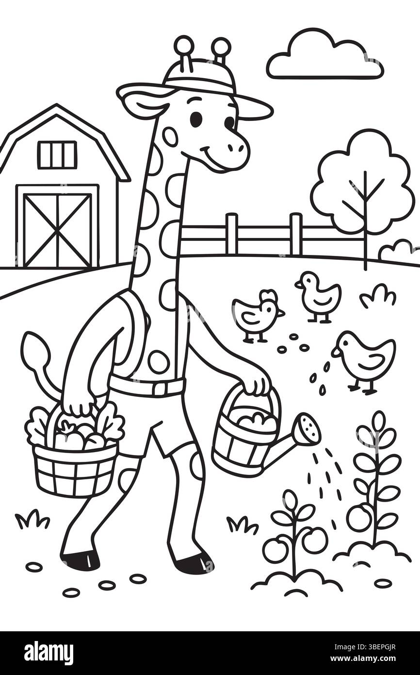 Eine große Giraffe bewässert die lebendigen Pflanzen auf einem sonnigen Bauernhof Stock Vektor