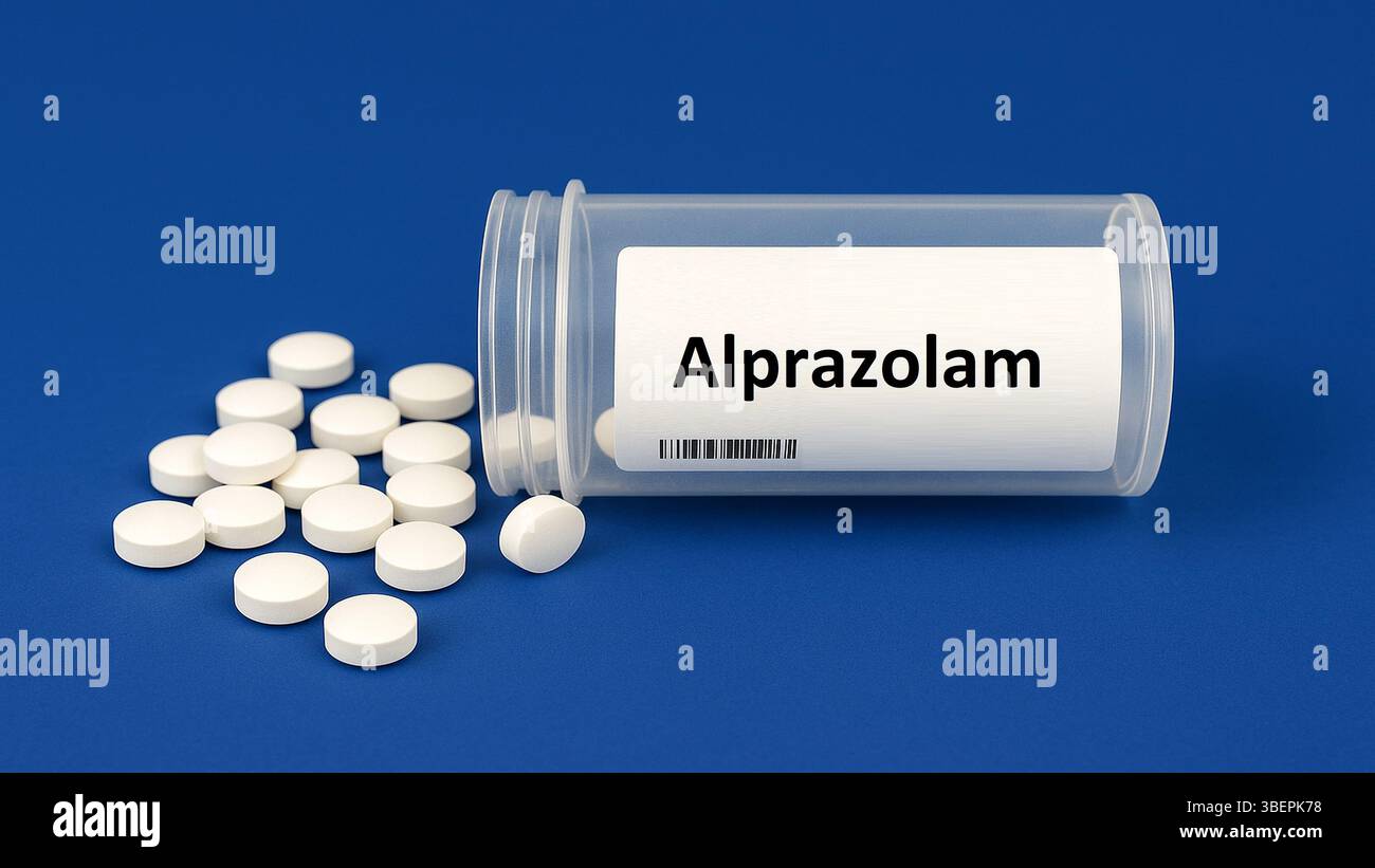 Alprazolam Tabletten zur Behandlung von Angstzuständen und Panikstörungen, Kurzzeitbehandlung mit Benzodiazepin. Stockfoto