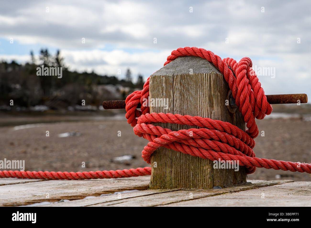 Rotes Seil um einen Pfosten an einem hölzernen Kai gebunden. Ebbe, Strand im Hintergrund. Bedeckter Himmel. Stockfoto