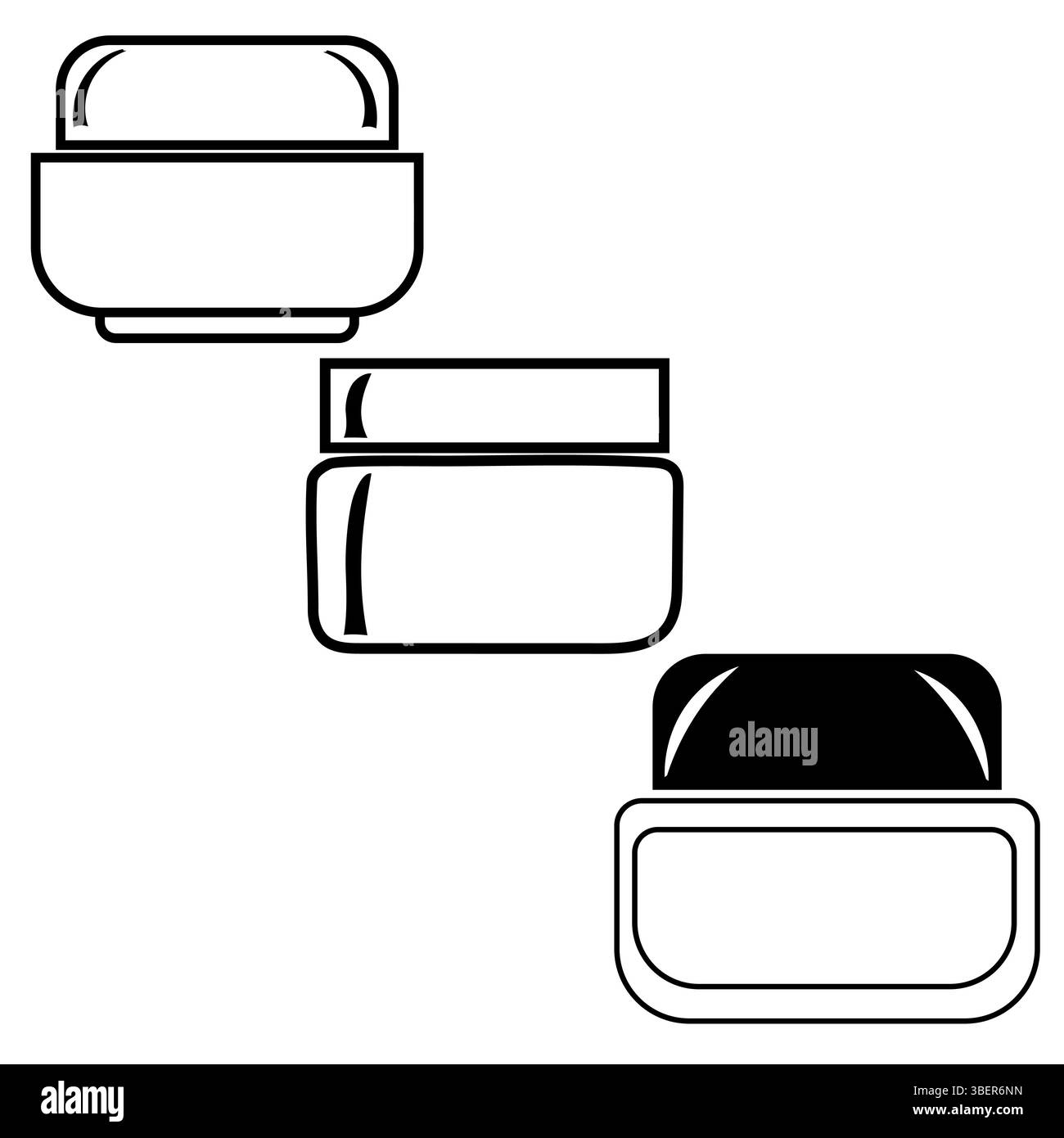 Symbole für das Kosmetikglas. Kosmetikbehälter-Set. Schwarzes Deckeldetail. Vektorabbildung. Stock Vektor