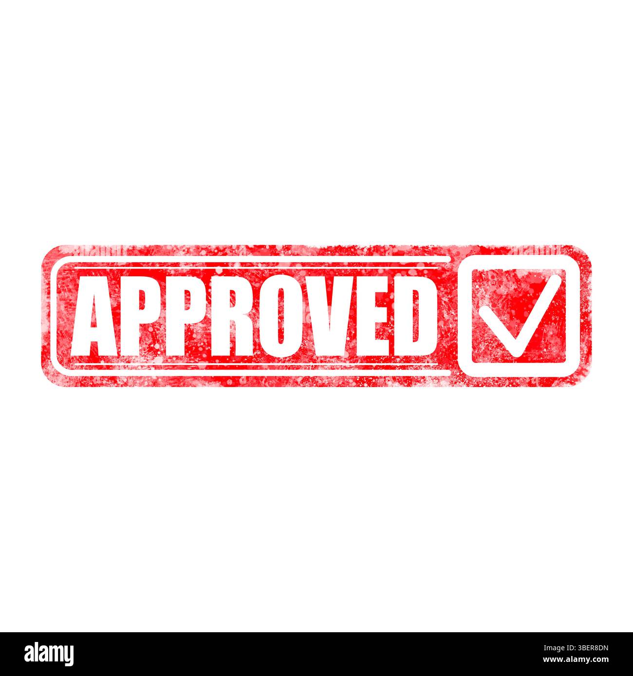 Roter Stempel mit dem Wort „genehmigt“ und Häkchen auf weißem Hintergrund Stockfoto