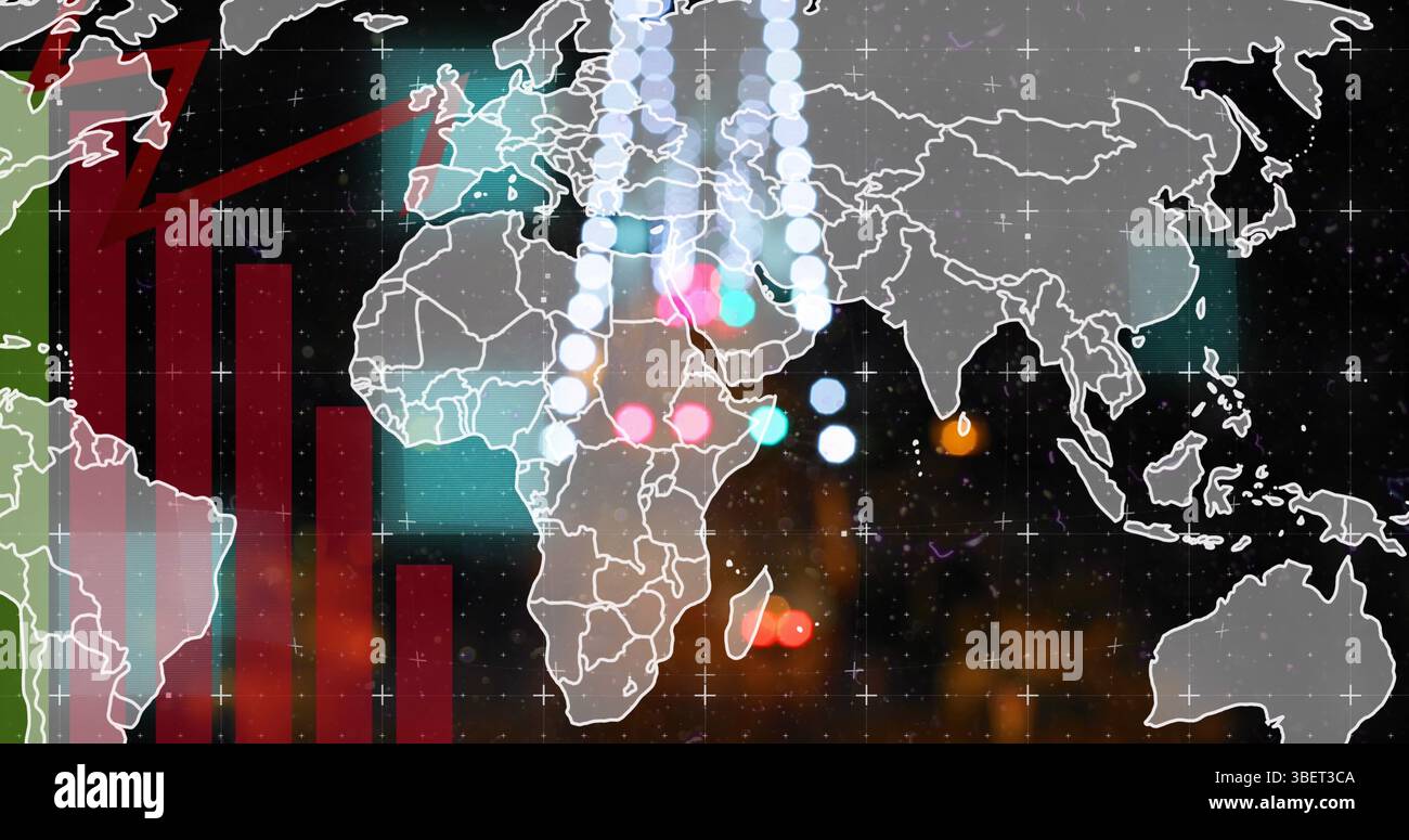Abbildung von Diagrammen und Lichtpunkten über der Weltkarte im Vergleich zum nächtlichen Stadtverkehr Stockfoto