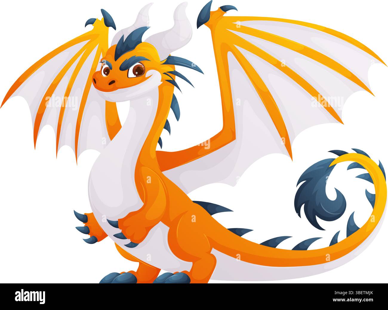 Das ist eine Vektorillustration eines Zeichentrickdrachen. Der Drache ist orange mit weißen Flügeln, weißem Bauch und weißen Hörnern. Es sieht sehr freundlich und happy aus Stock Vektor