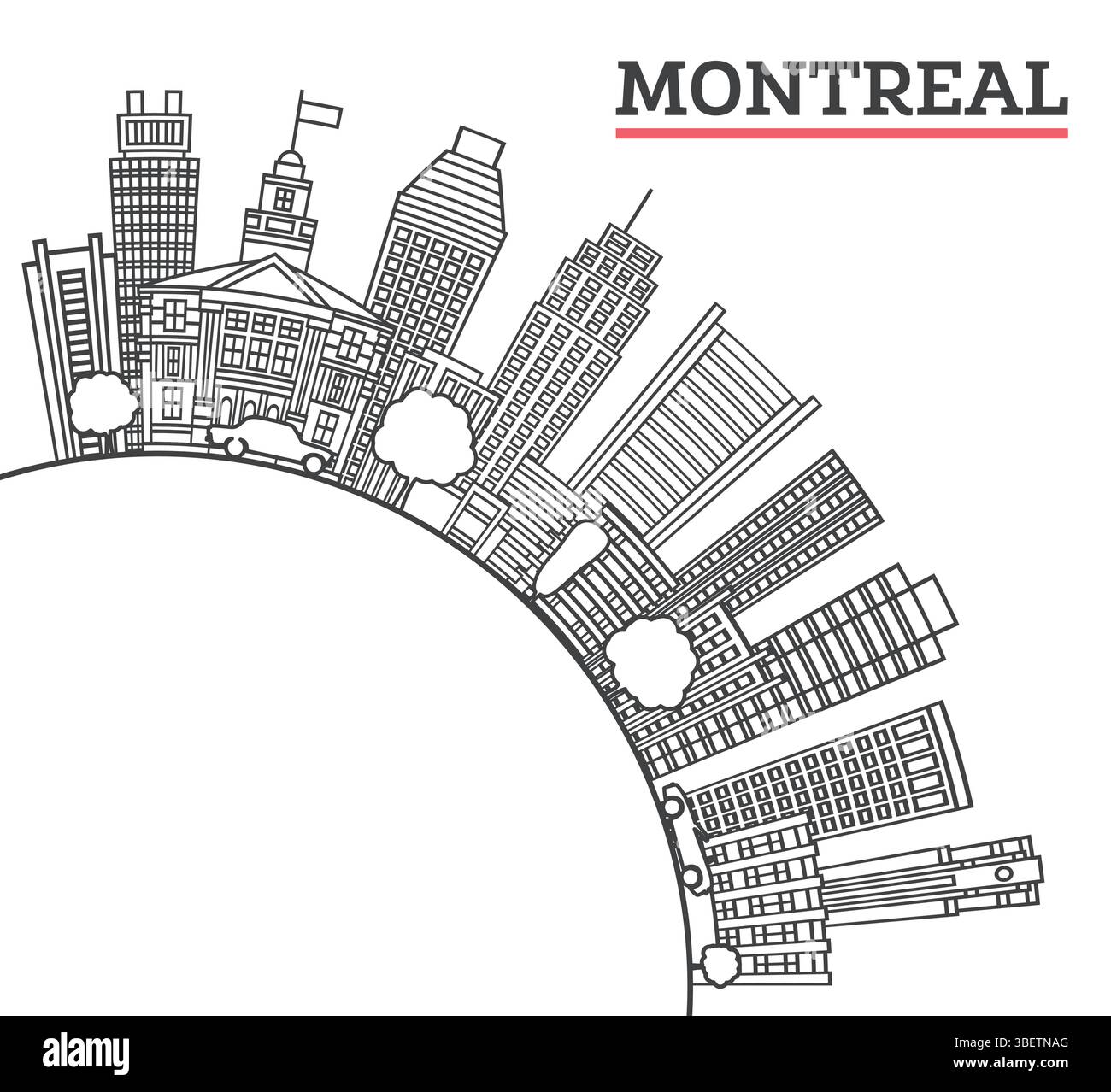 Umreißen Sie die Skyline von Montreal Canada City mit modernen Gebäuden und Kopierräumen isoliert auf weiß. Vektorabbildung. Montreal Stadtbild mit Wahrzeichen. Stock Vektor