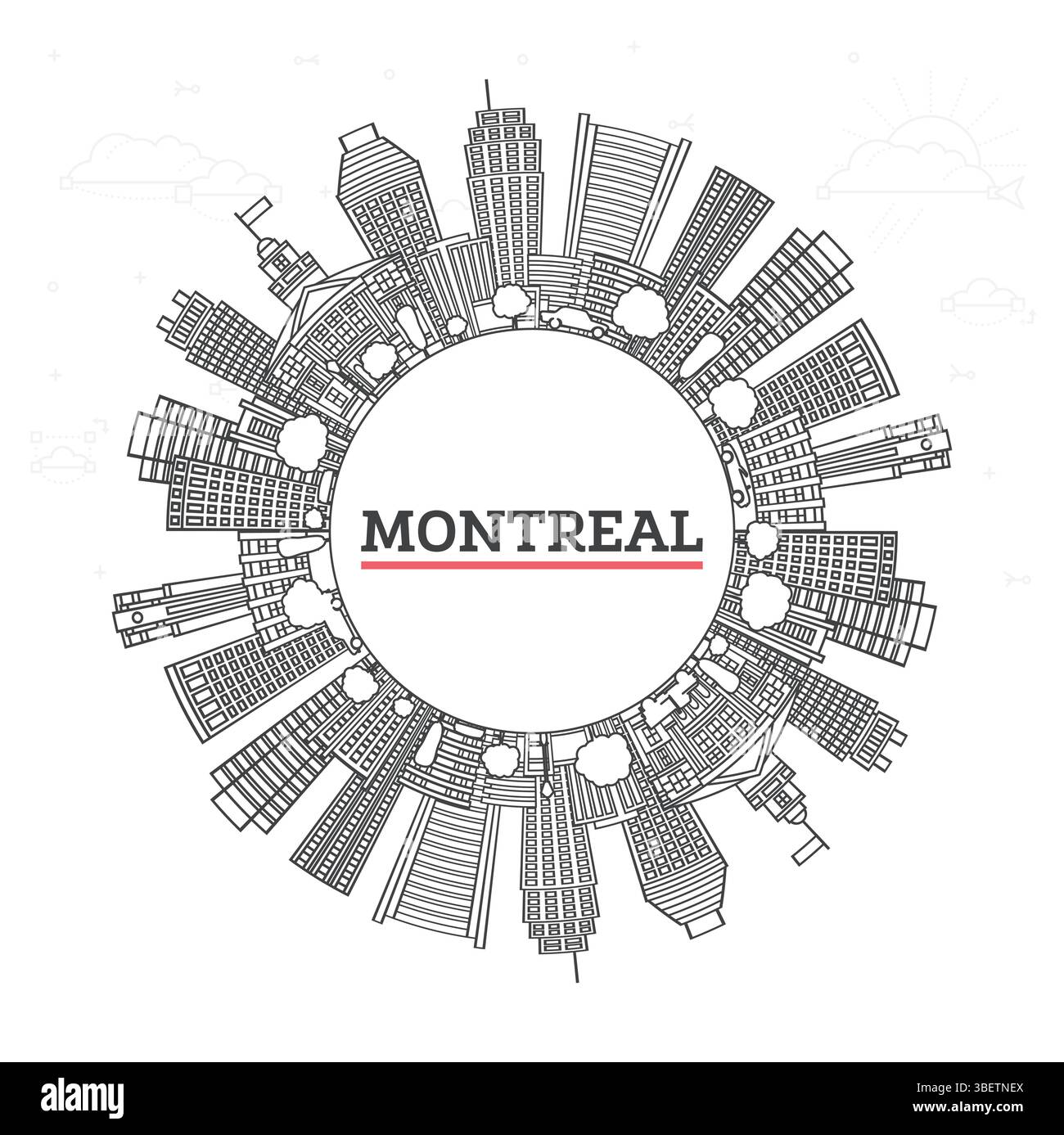 Umreißen Sie die Skyline von Montreal Canada City mit modernen Gebäuden und Kopierräumen isoliert auf weiß. Vektorabbildung. Montreal Stadtbild mit Wahrzeichen. Stock Vektor