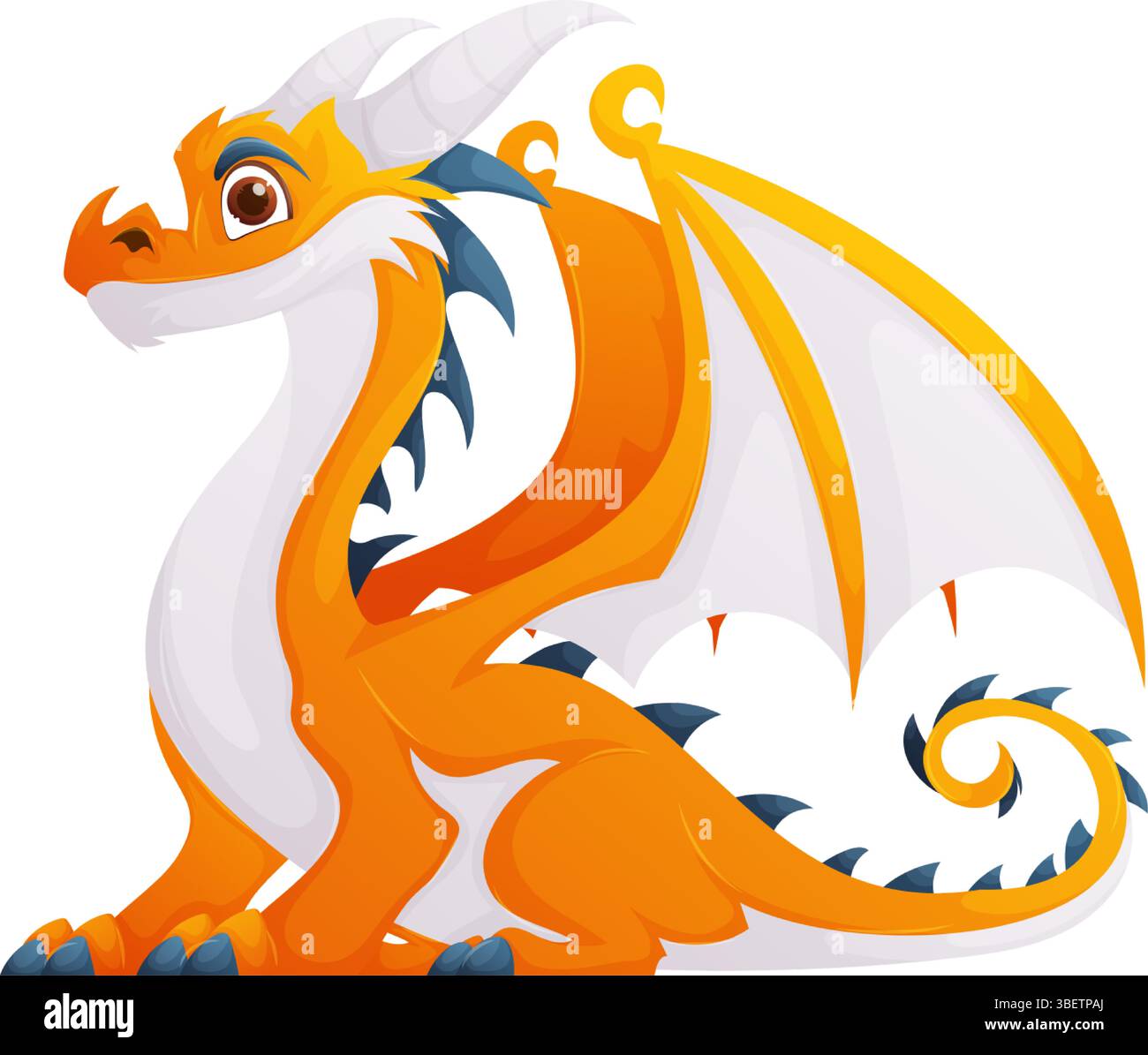 Süße orangene und weiße Drachen-Zeichentrickgrafik. Sitzen und nach links schauen, isoliert auf weißem Hintergrund. Verfügt über detaillierte Skalen, Hörner und W Stock Vektor