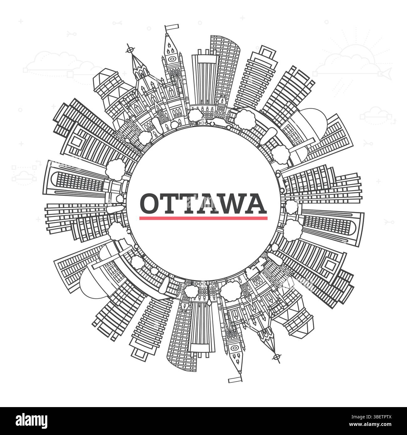 Umreißen Sie die Skyline von Ottawa Canada City mit modernen Gebäuden und Kopierräumen isoliert auf weiß. Vektorabbildung. Ottawa Stadtbild mit Wahrzeichen. Stock Vektor