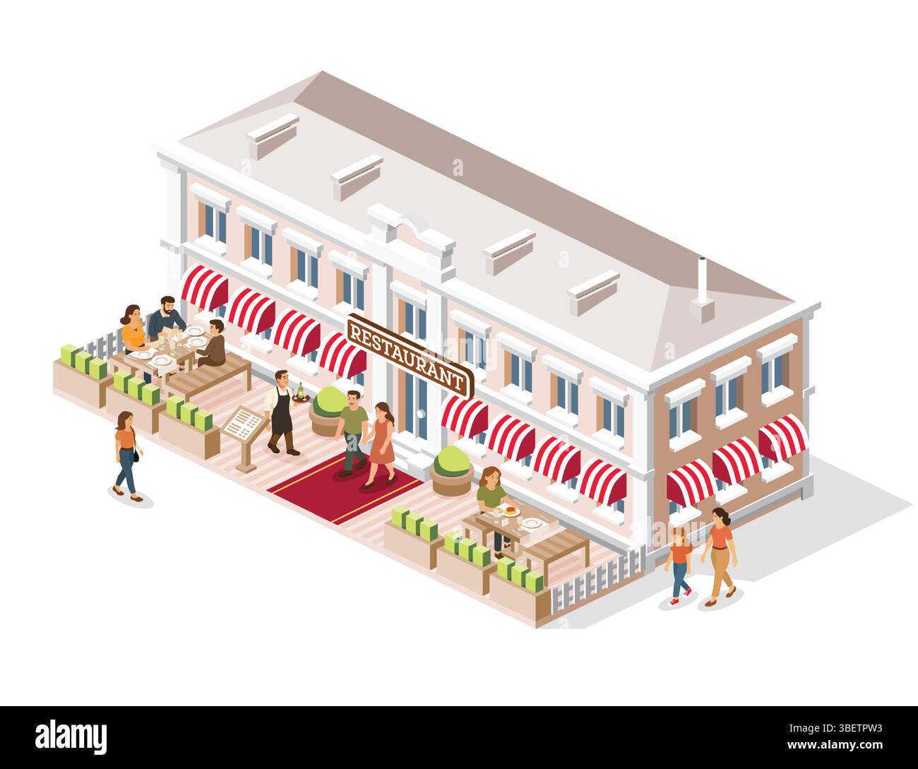 Isometrisches Straßenrestaurant mit Außenterrasse, Leute essen und gehen, Kellner, Menüstand, roter Teppich, gestreifte Markisen, Dachdetails, grüner Stock Vektor