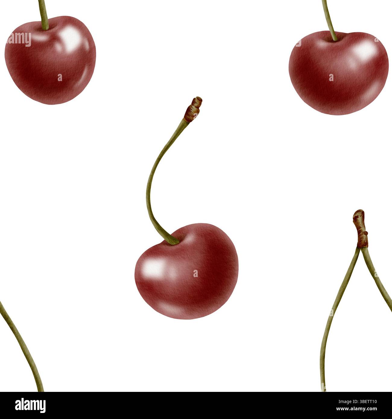Frische reife Kirschen auf einem Fruchtzweig in nahtlosem Muster, glänzende rote saftige Beeren in Aquarellfarbe handgezeichnet isolierte Illustration für Küchentextilien Stockfoto