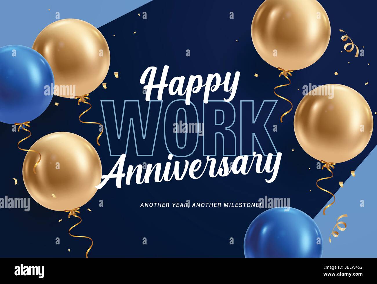 Happy Work Jubiläum Clipart Design. Firmenfeier Grußtext ClipArt mit blauen und goldenen Ballons, die noch weitere Jahre schweben Stock Vektor