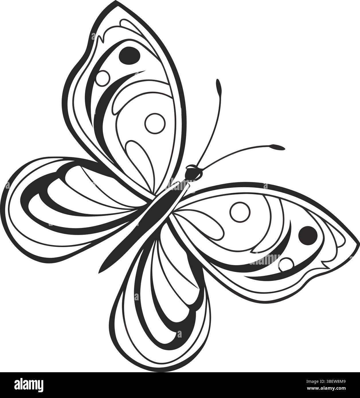 Elegante Butterfly Line Art: Ein anmutiger Schmetterling mit komplizierten Flügeldetails in eleganter schwarz-weißer Linienart. Perfekt für Konstruktionsprojekte Stock Vektor