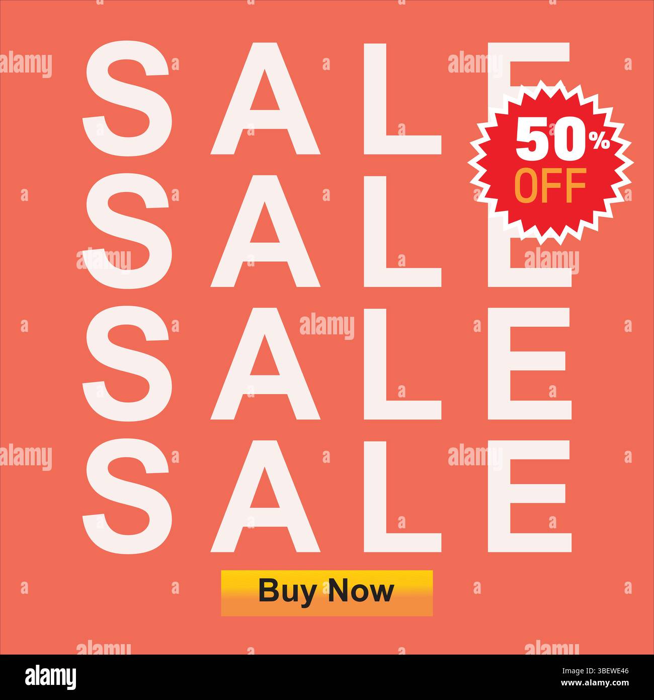 Bearbeitbarer 50 % Rabatt auf Werbebanner mit „jetzt kaufen“-Text. Farbenfroher Hintergrund, perfekt für Werbeaktionen in sozialen Medien, große Rabatte und Marketing. Stock Vektor